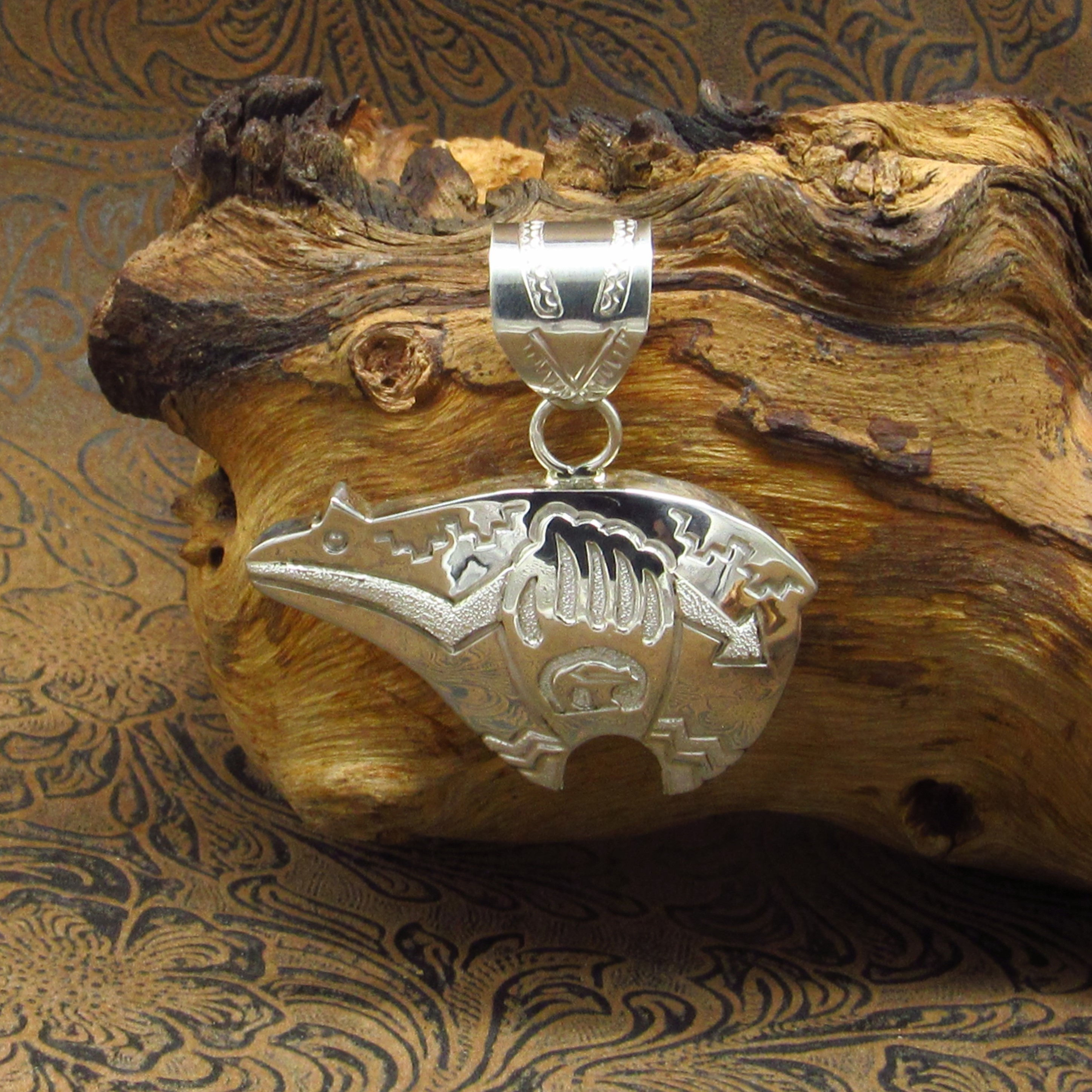 *Navajo Sterling Silver Large Heart Line Bear Hand Stamped Pendant