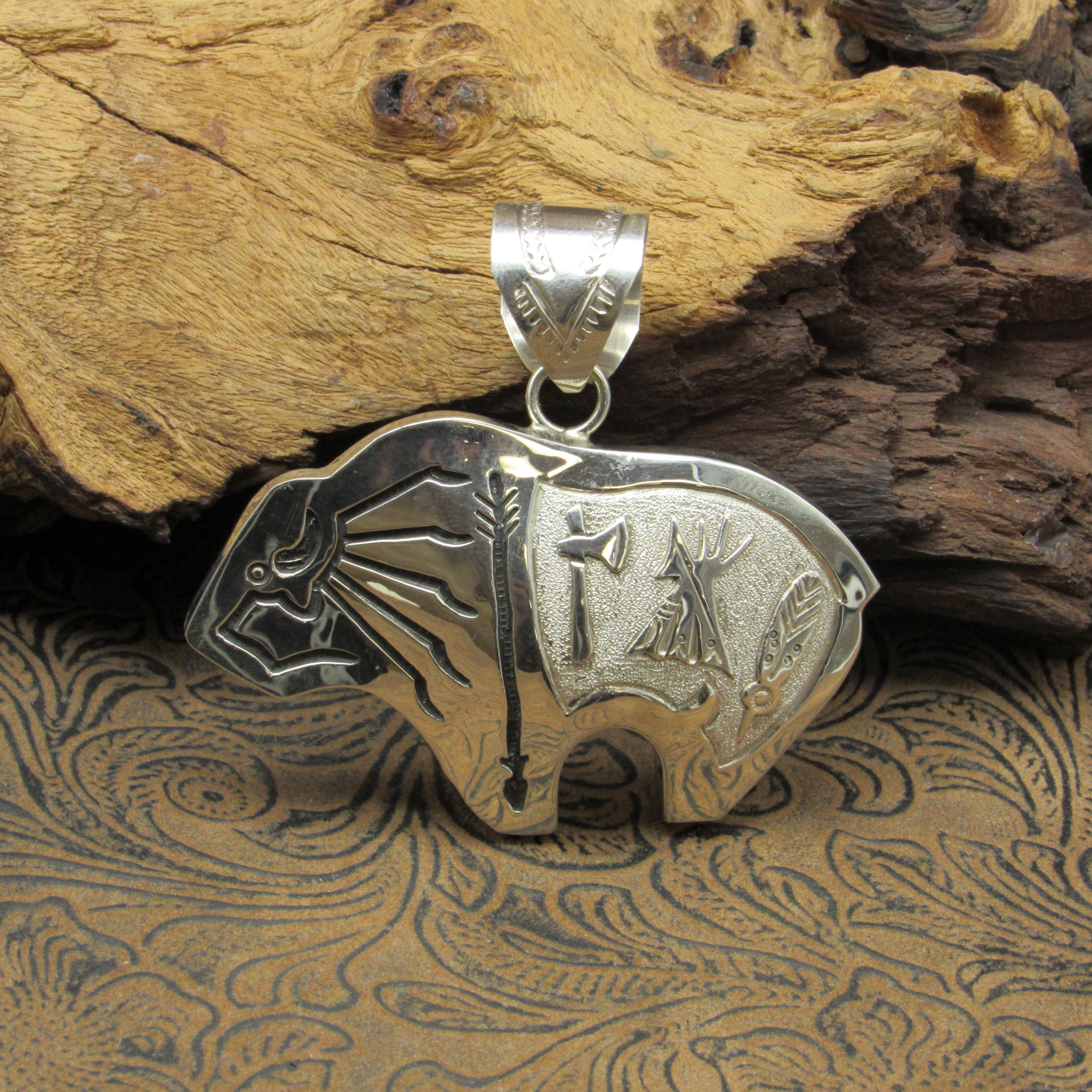 Domed Hollow Sterling Silver Buffalo/Bison Pendant by Navajo Alonzo Mariano