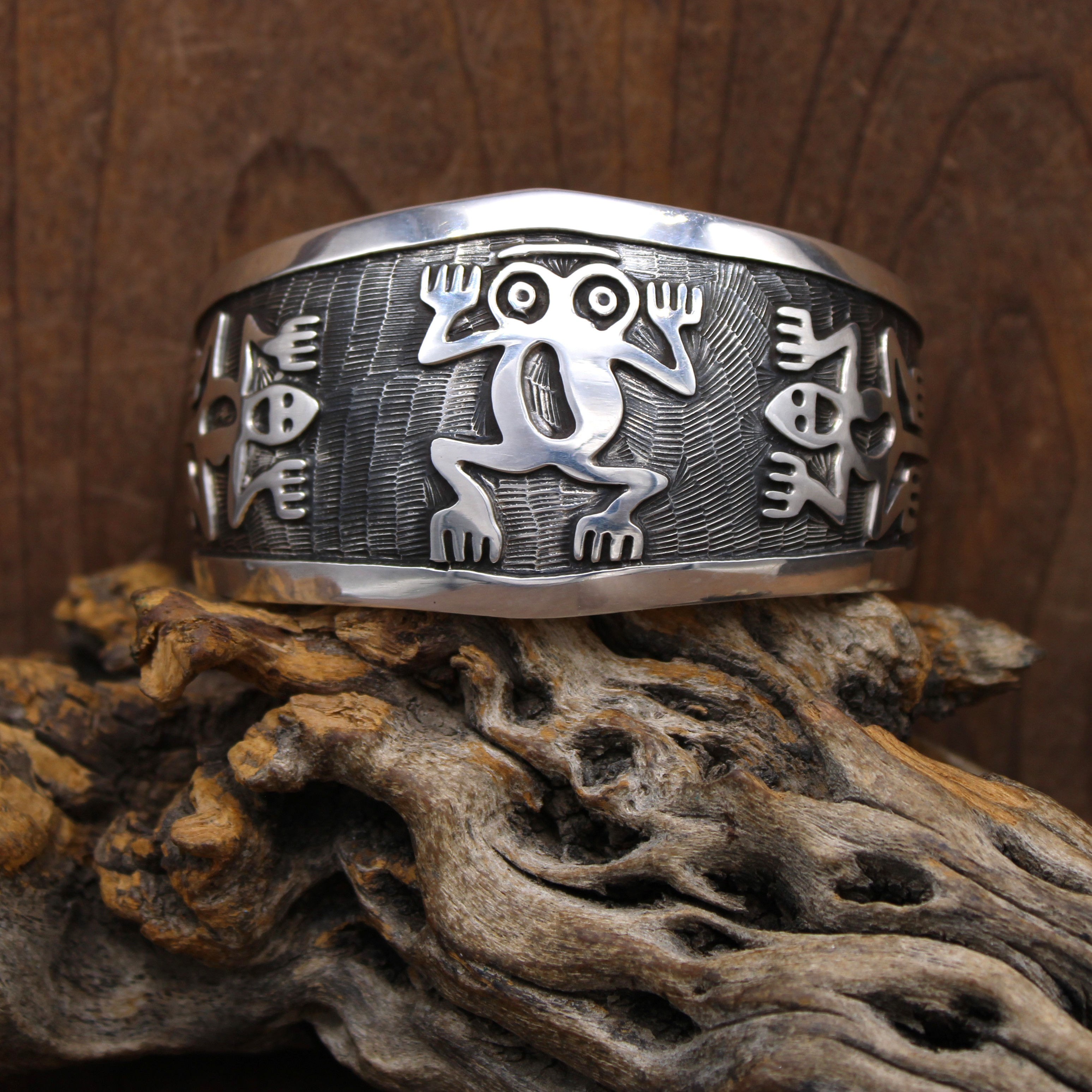 Sterling Silver Frog and Lizard Overlay Cuff Bracelet Made in Mexico