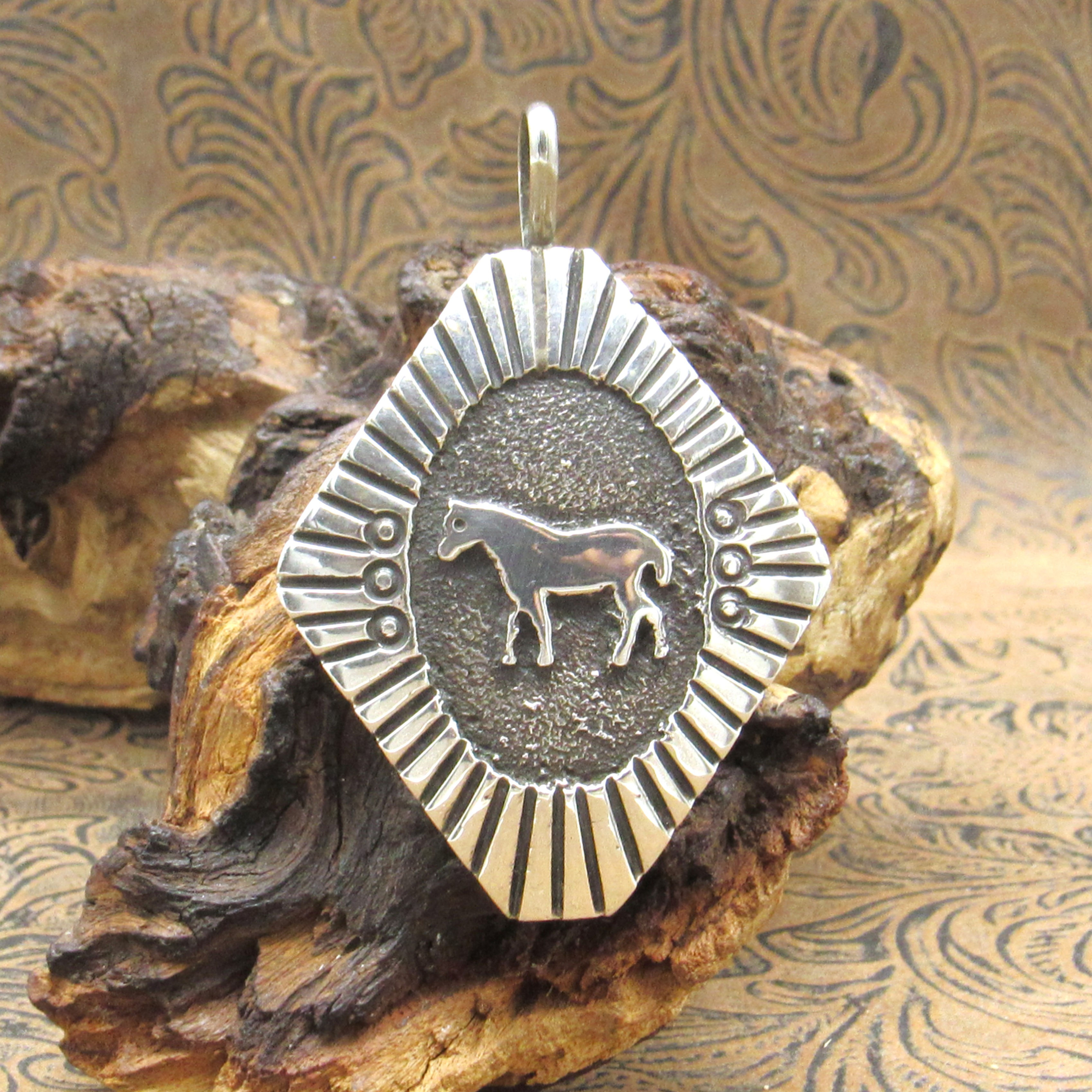 *Sterling Silver Diamond-Shaped Overlay Horse Pendant