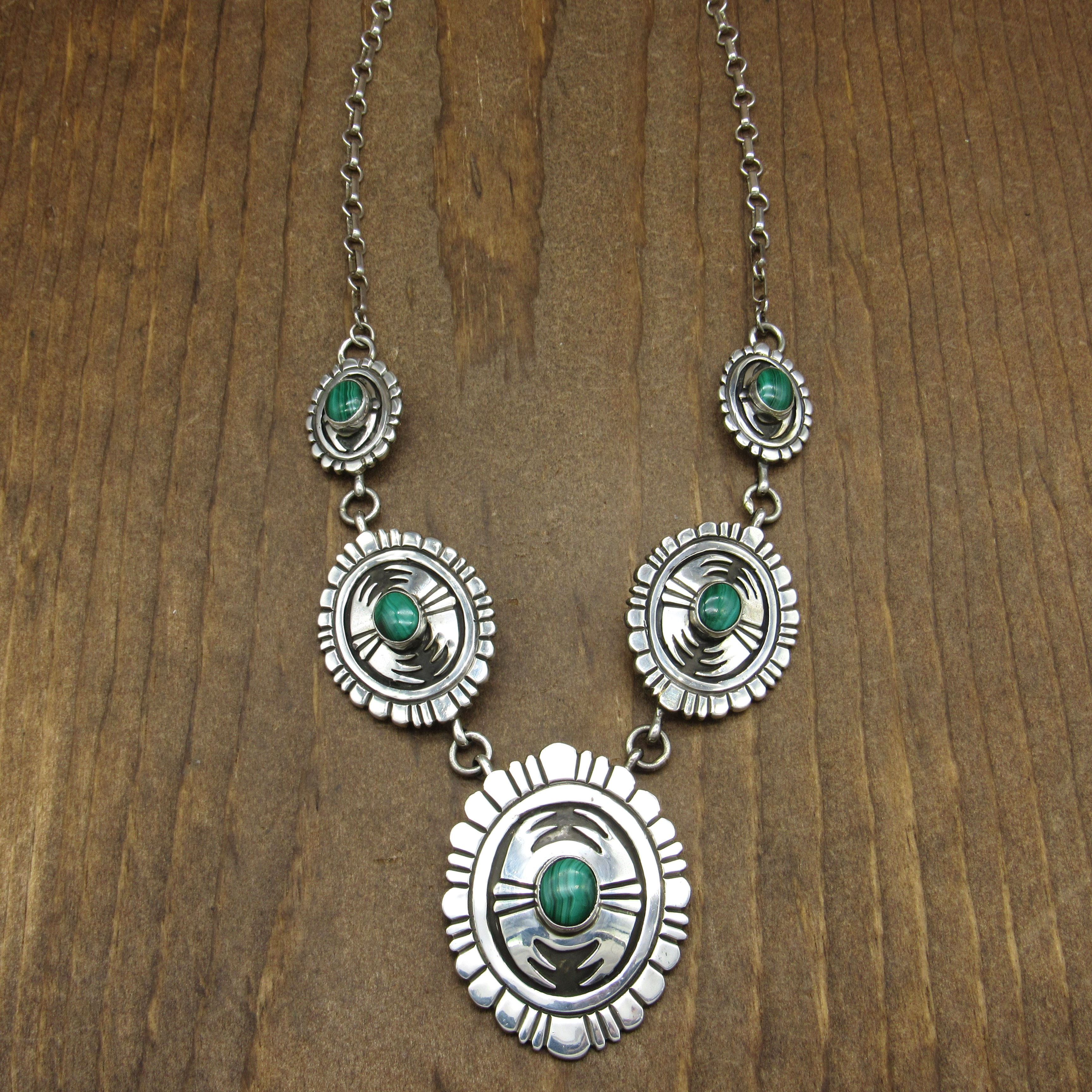 Vintage Navajo Sterling Silver Malachite Concho Necklace