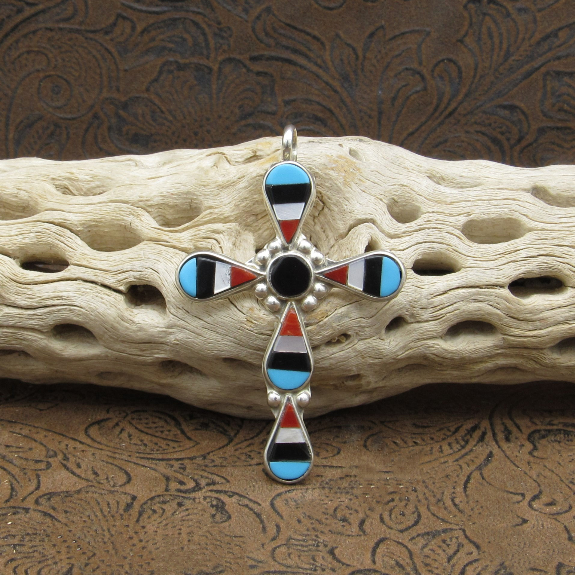 Zuni Multi Stone Inlay Sterling Silver Cross Pendant by Florencia Lucio