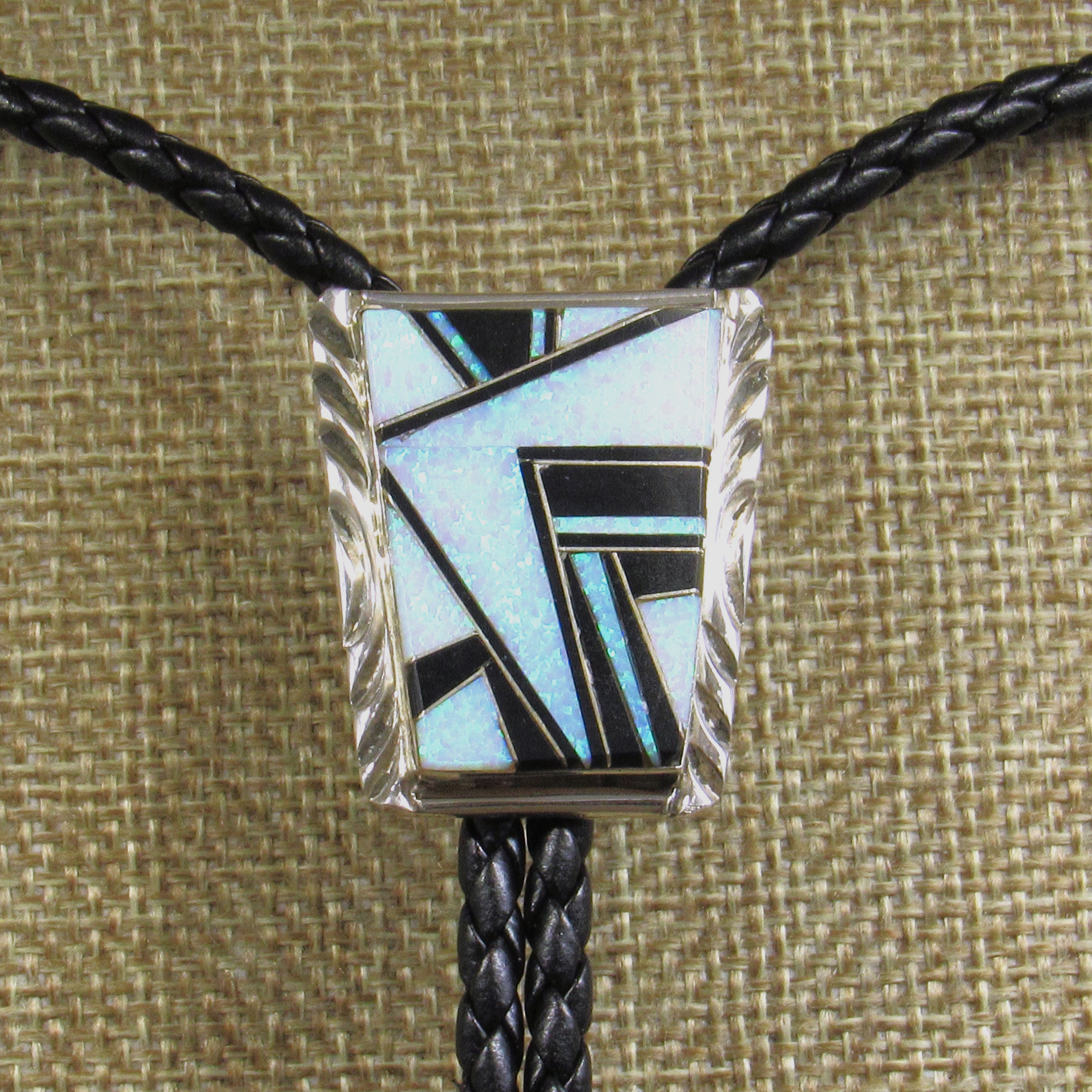*Sterling Silver Bolo Tie with White Lab-grown Opal and Jet Inlay