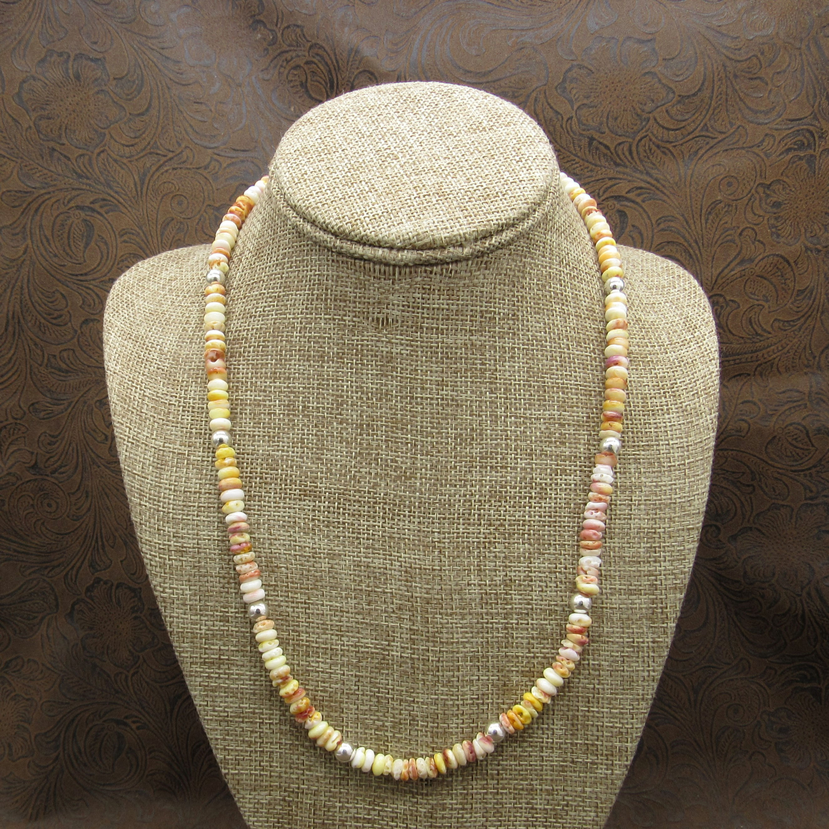 *Yellow Spiny Oyster Rondelle Beads with Sterling Silver Beads Necklace