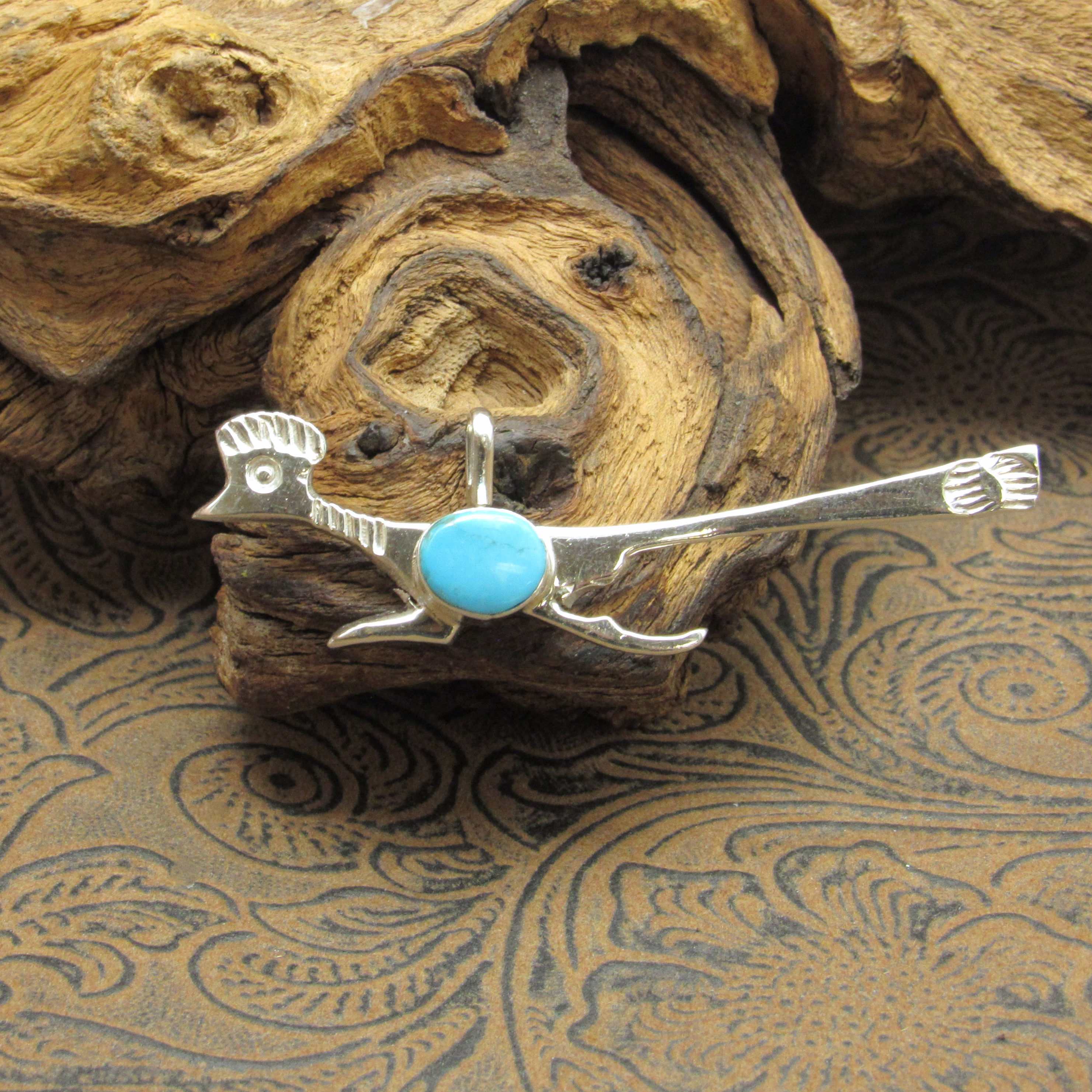 Dashing Sterling Silver Road Runner with Turquoise Stone Pendant