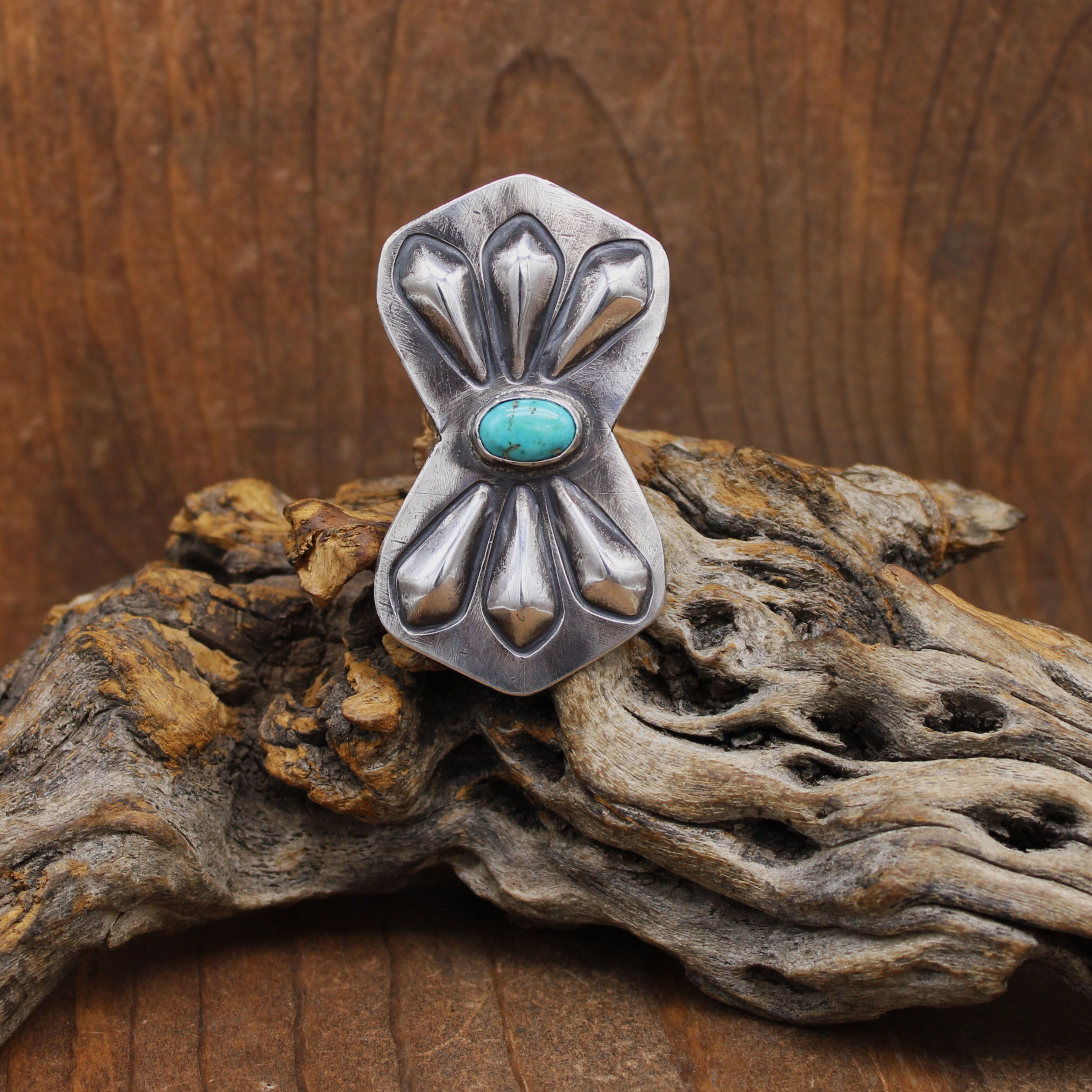 Large Repousse Sterling Silver and Turquoise Ring Size 7 3/4