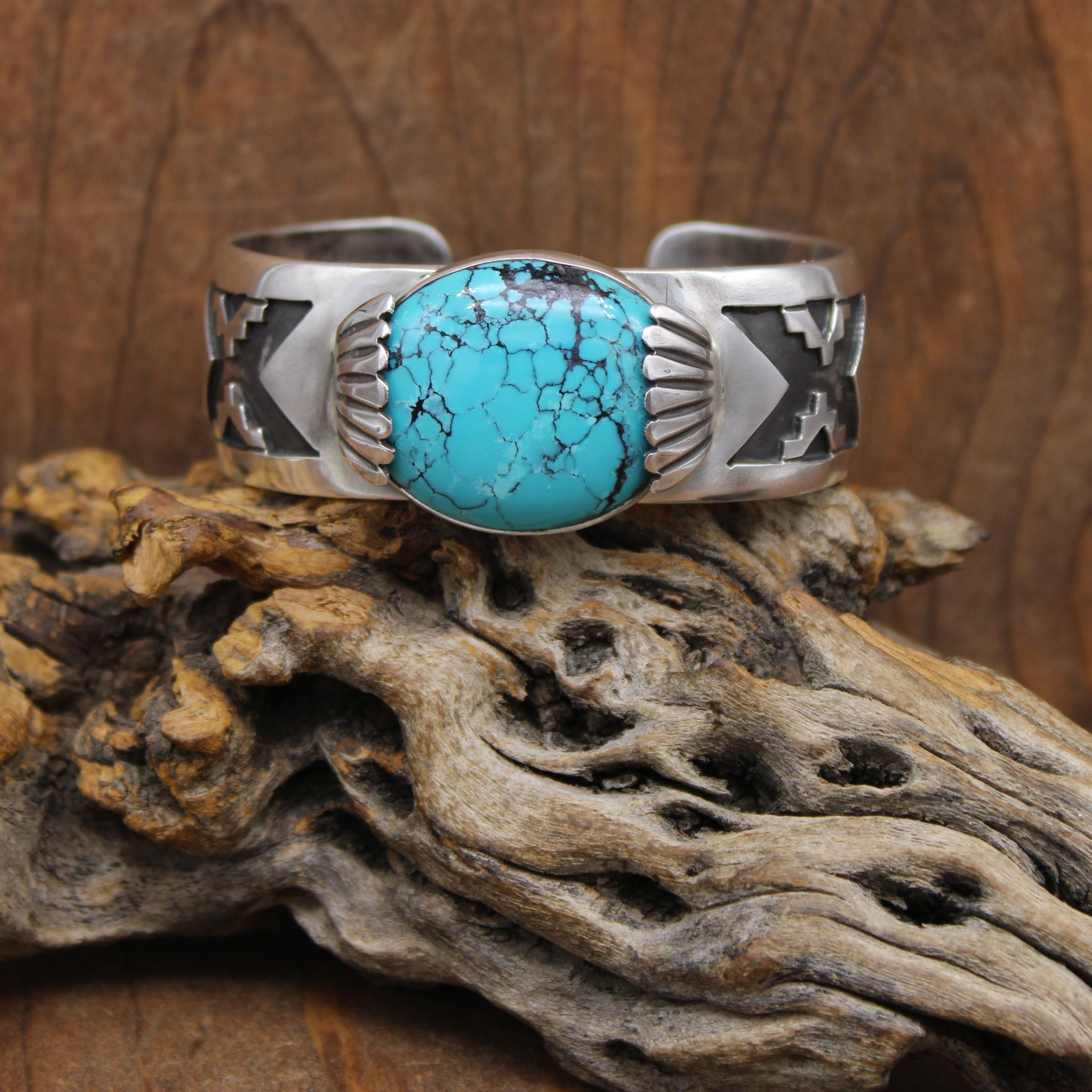 *Sterling Silver Overlay Design Cuff Bracelet with Large Turquoise