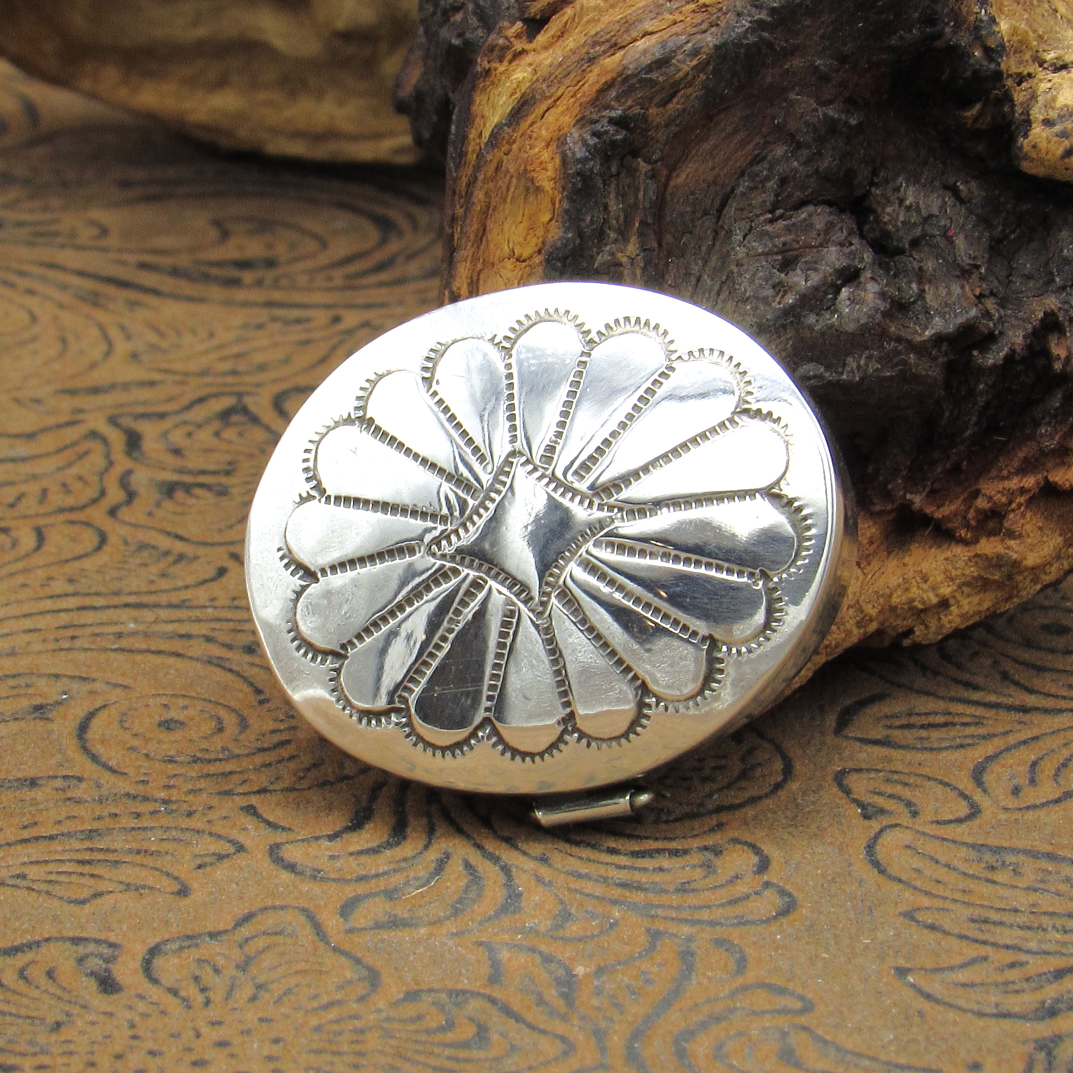 Navajo Sterling Silver Hinged Pill Box Hand Stamped Design