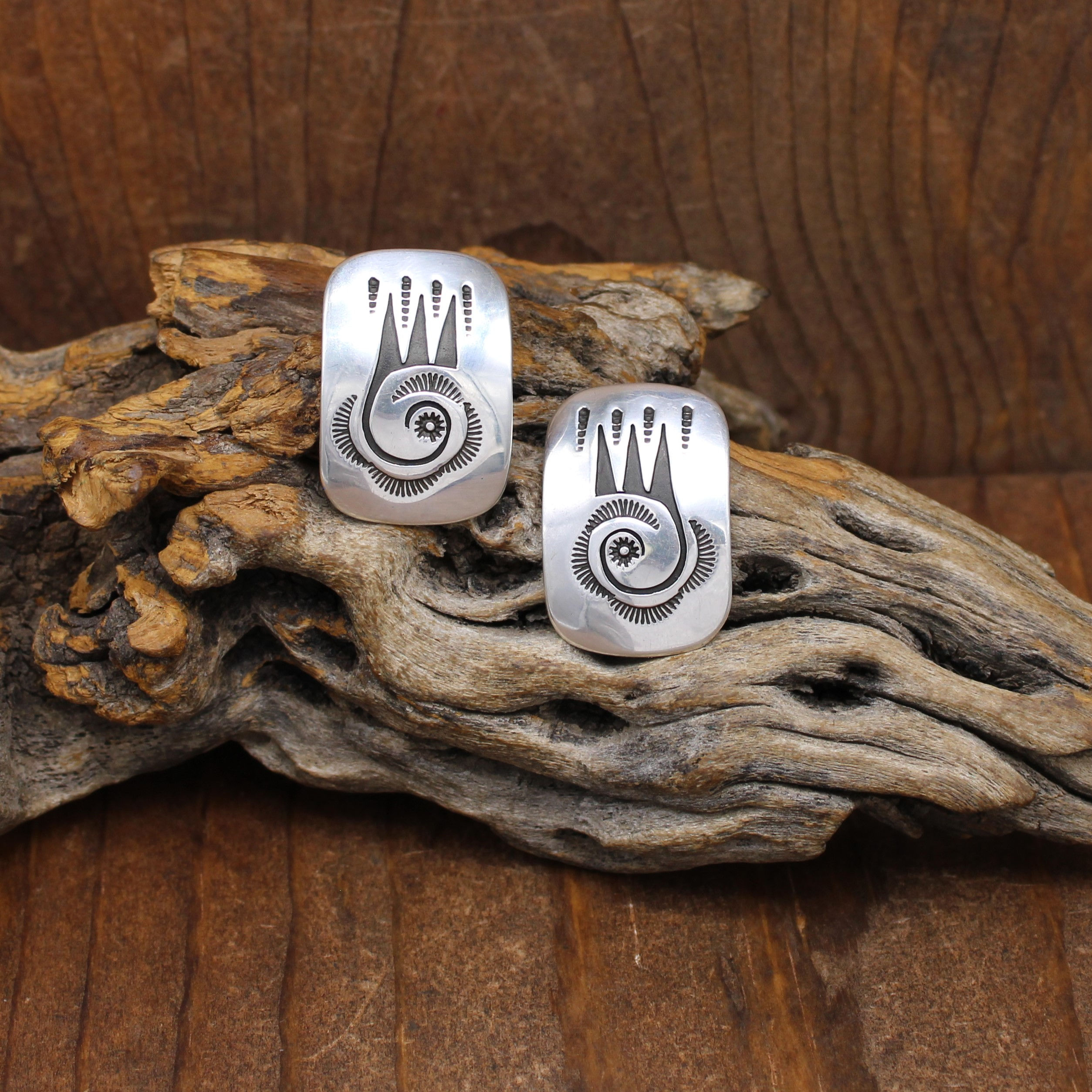 Sterling Silver Rectangle Overlay Post Earrings by Navajo Della & Francis James