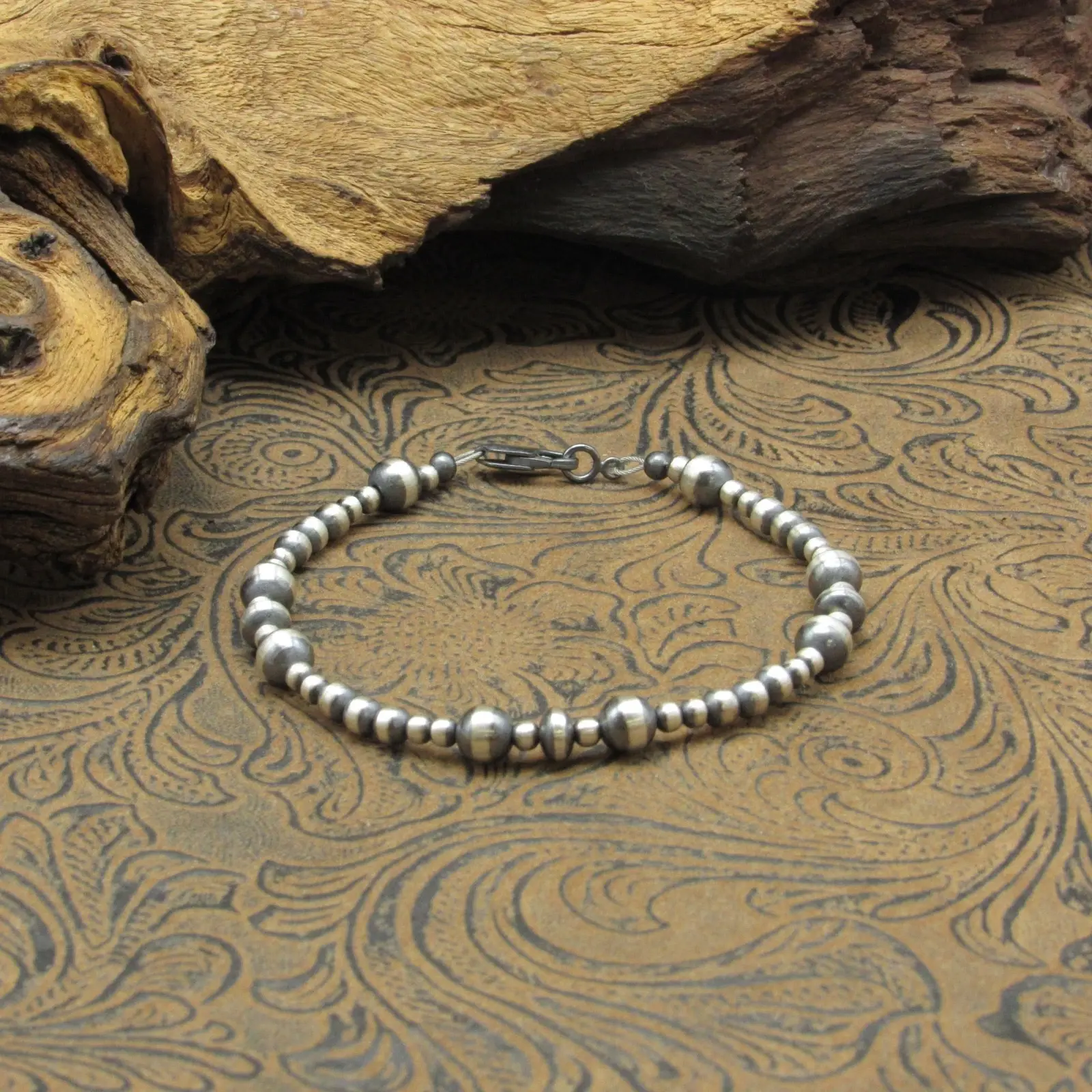Oxidized Sterling Silver Beaded Bracelet 7.75"