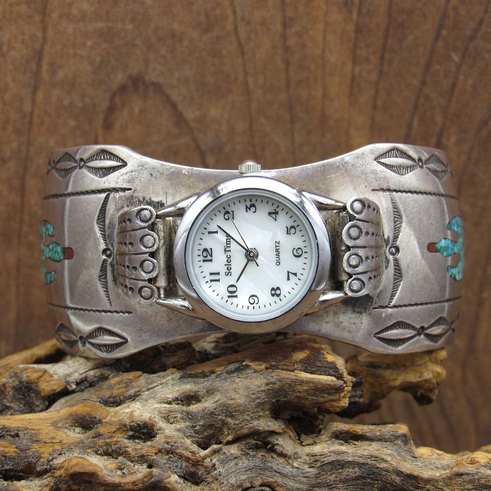 Vintage Navajo Sterling Chip Inlay Peyote Bird Watch Cuff By Vintage Navajo Sterling Chip Inlay Peyote Bird Watch Cuff By