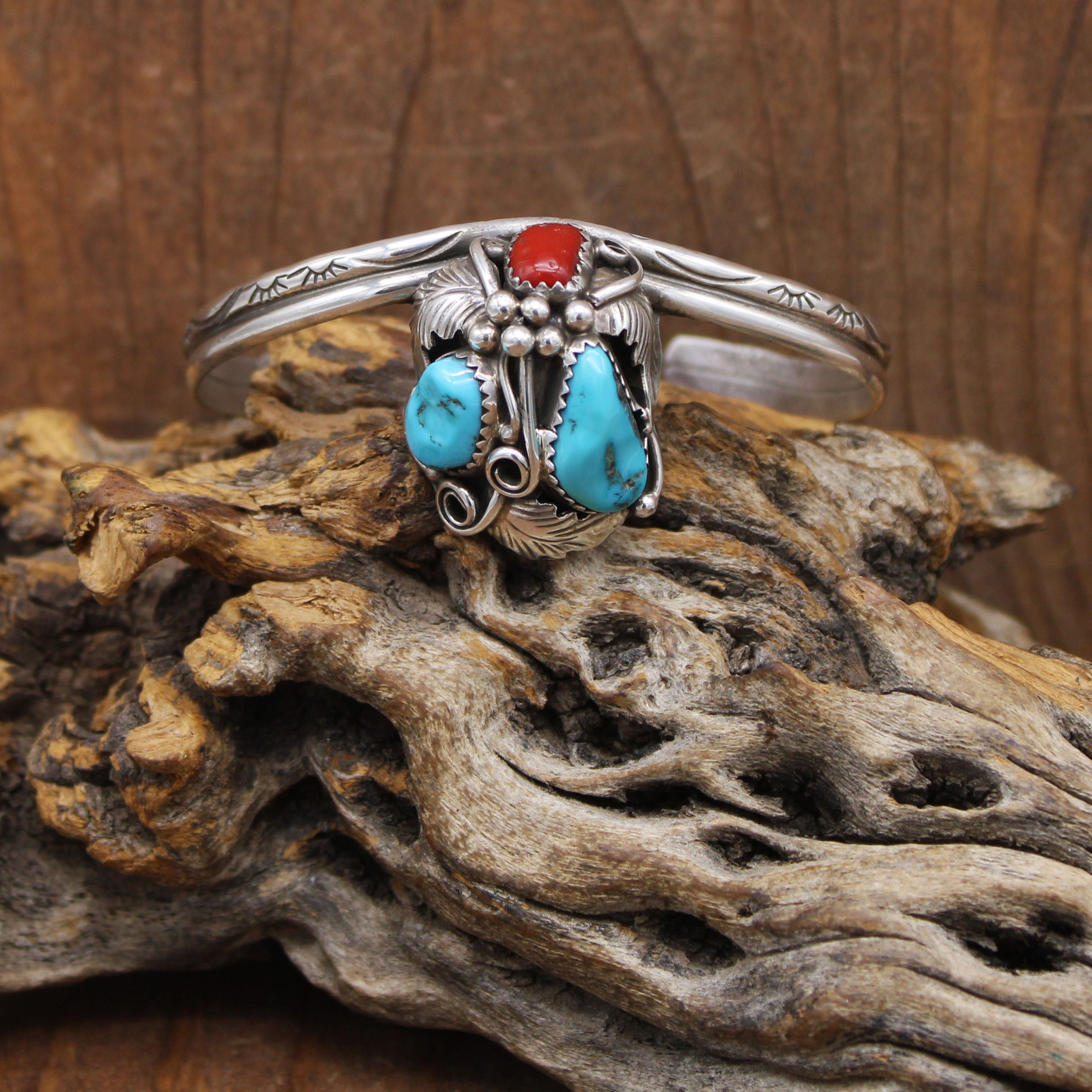 Offset Sterling Silver Turquoise and Coral Navajo Cuff Bracelet