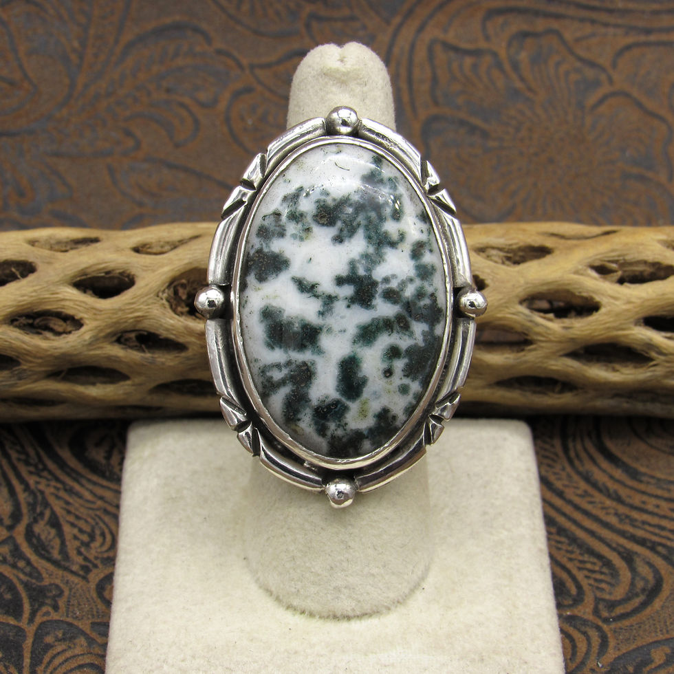 Beautiful Oval Green Tree Agate Sterling Silver Ring by Jose Campos Size 7.25