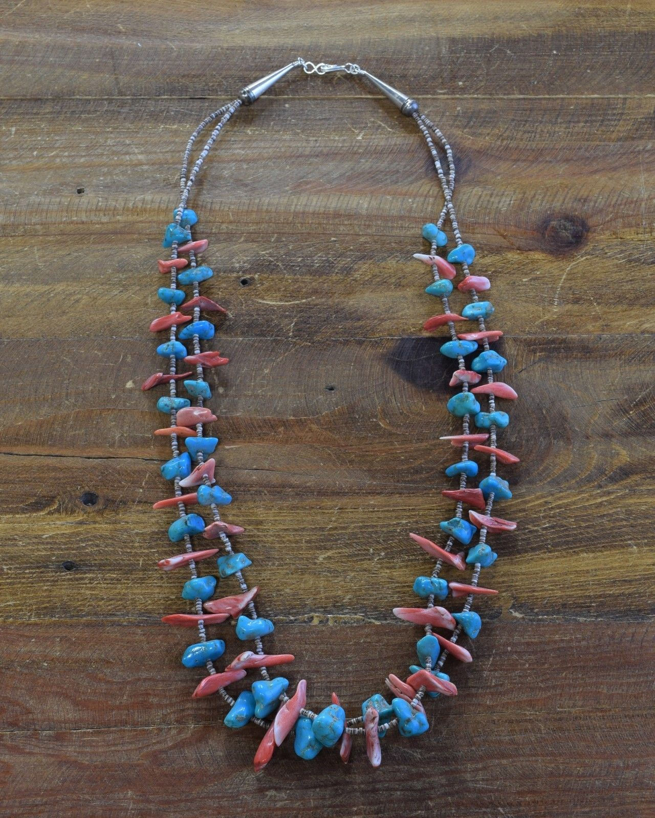 Vintage Turquoise, Spiny Oyster, Heishi and Sterling Silver Beaded Necklace