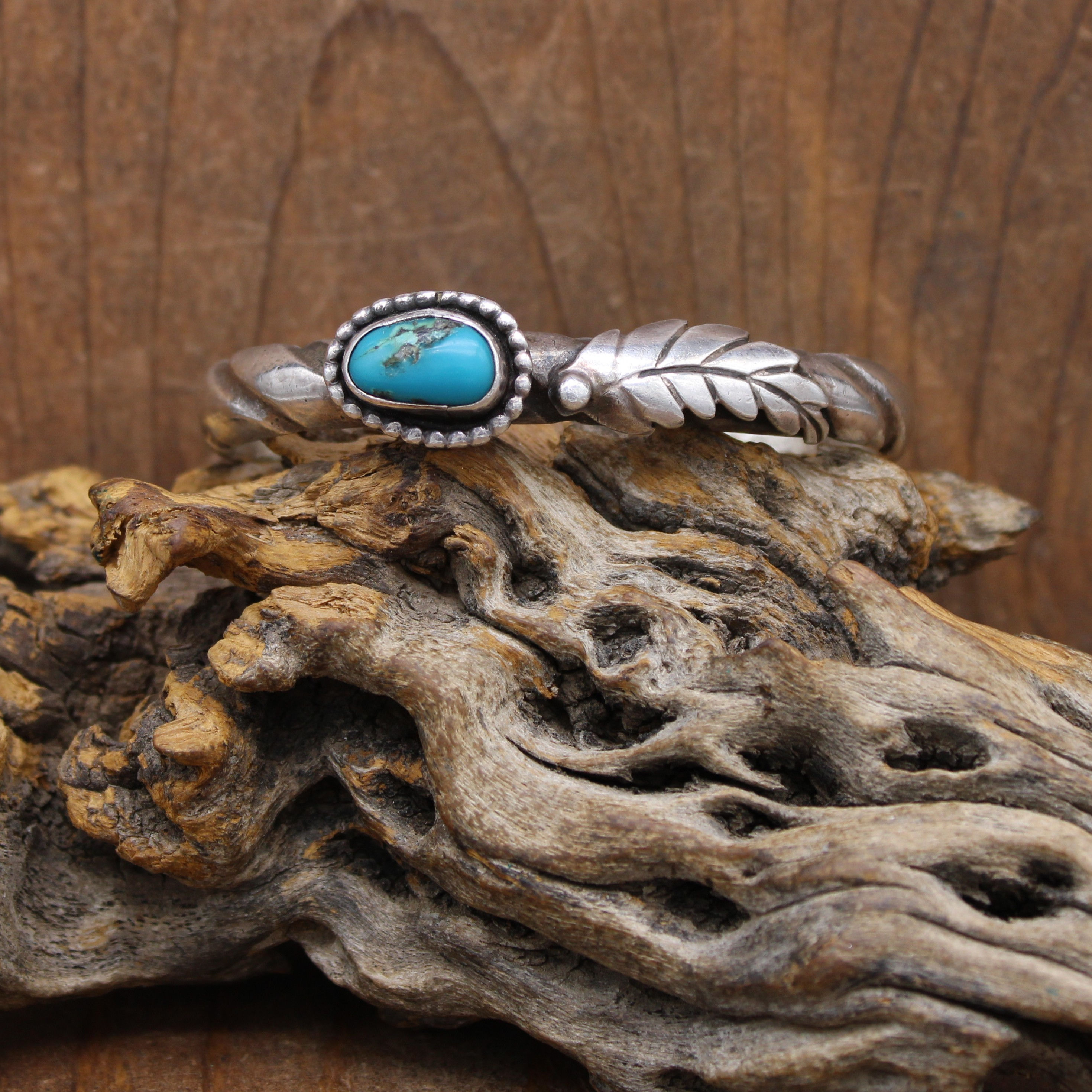 Heavy Gauge Sterling Silver Leaf and Turquoise Cuff Bracelet