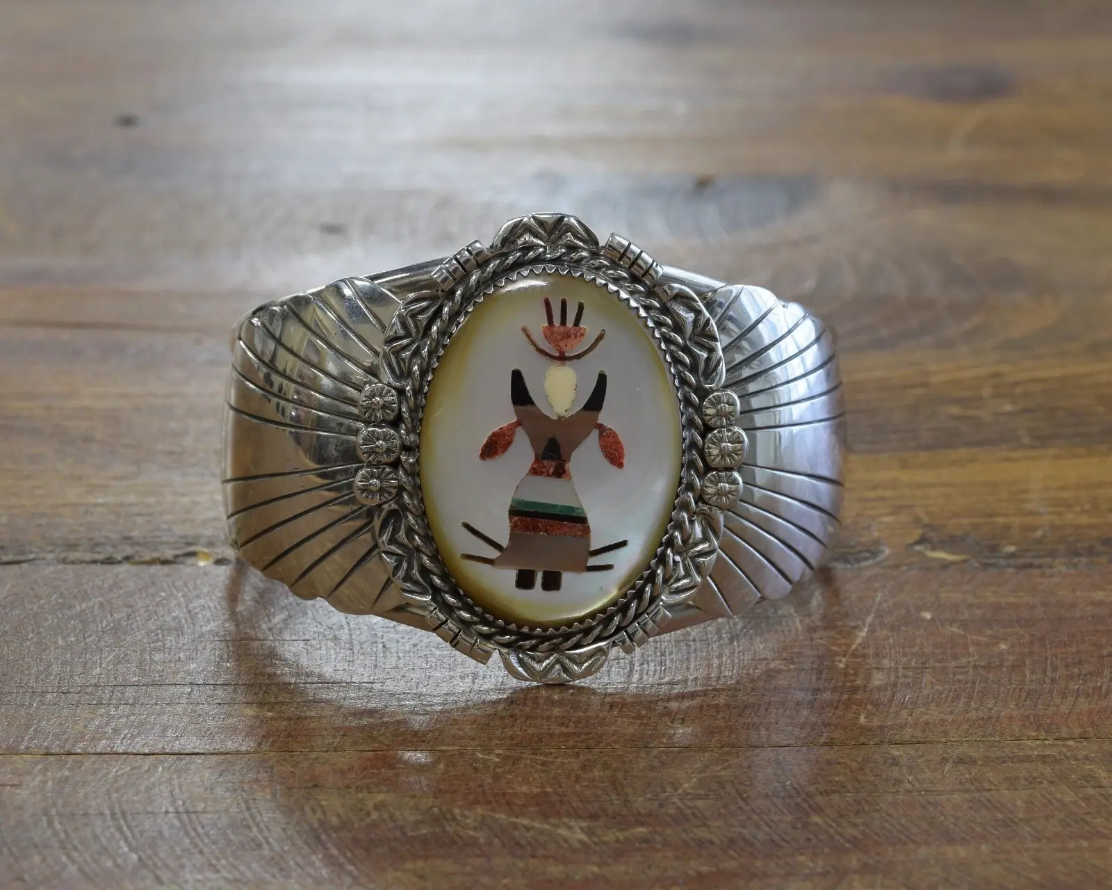 *Vintage Southwestern Sterling Silver Apache Ghan Dancer Inlay Bracelet