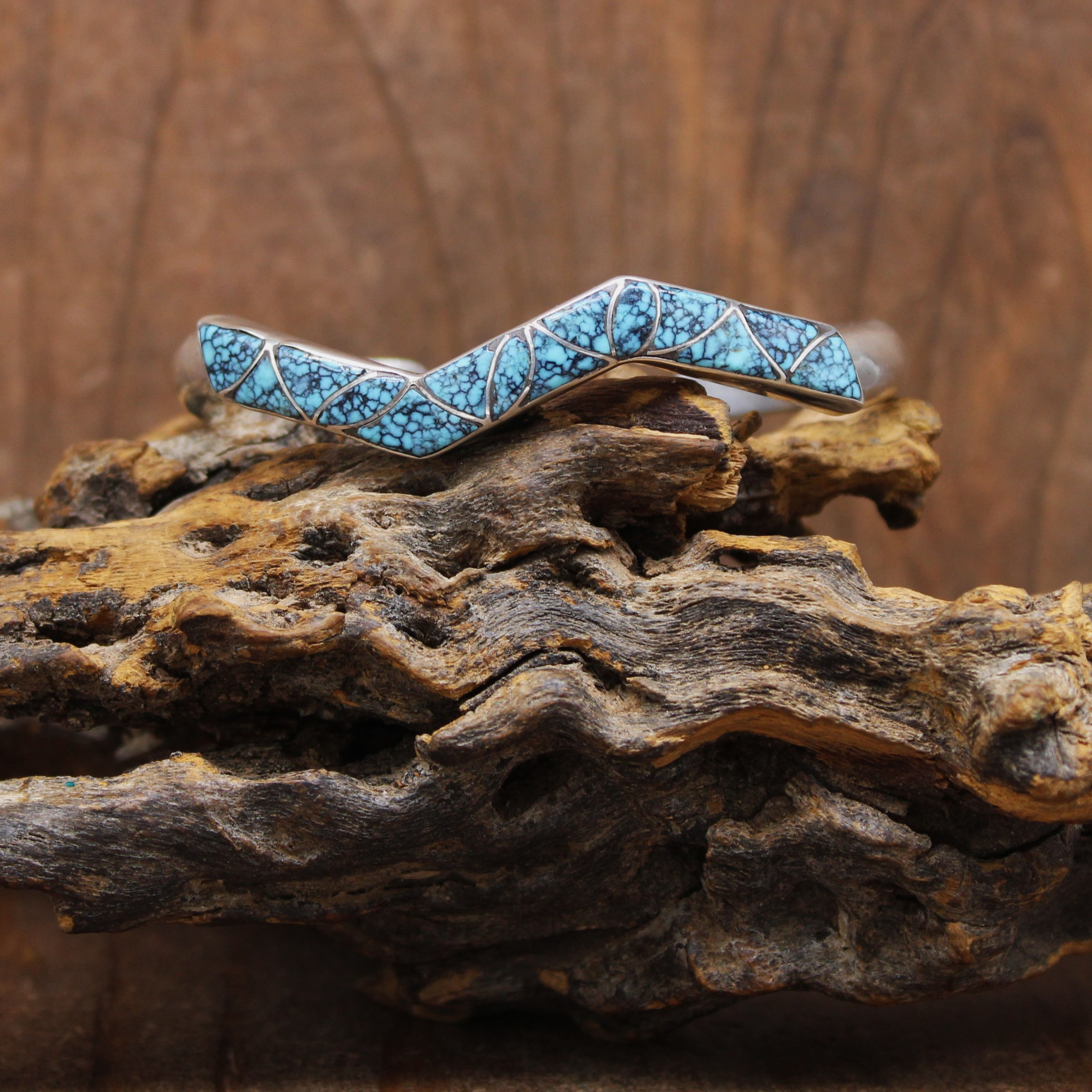 Zigzag Sterling Silver Spiderweb Turquoise Inlay Cuff Bracelet