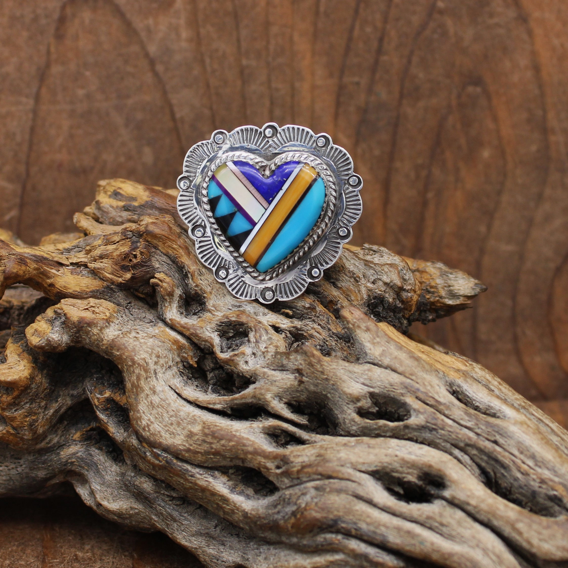Sterling Silver Block Stone Inlay Heart Ring Size 8.5