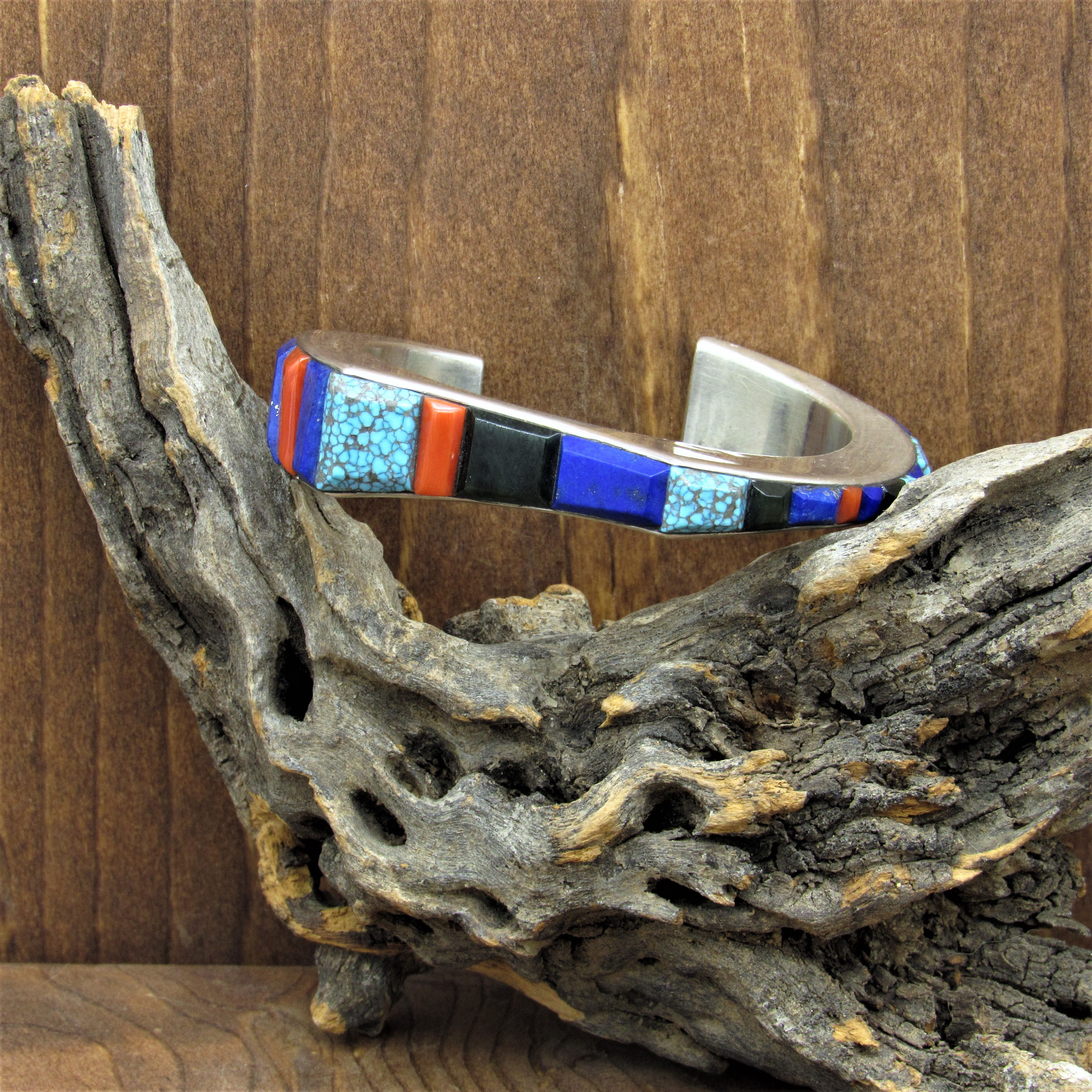 Vintage Navajo Sterling Silver Multi Stone Inlay Cuff Bracelet by Ray Morton