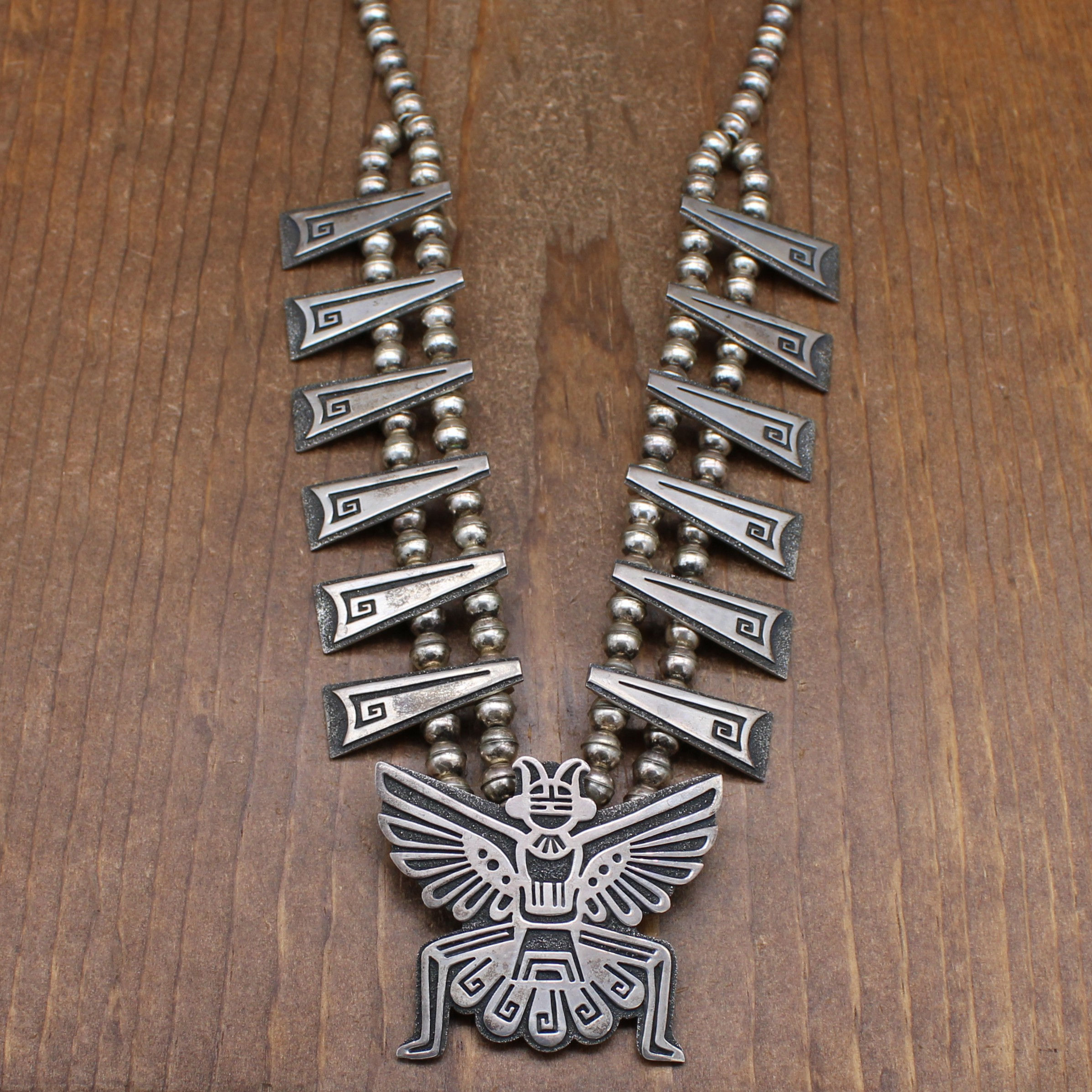 Unique Sterling Silver Knifewing Squash Blossom Necklace by Navajo Gibson Gene