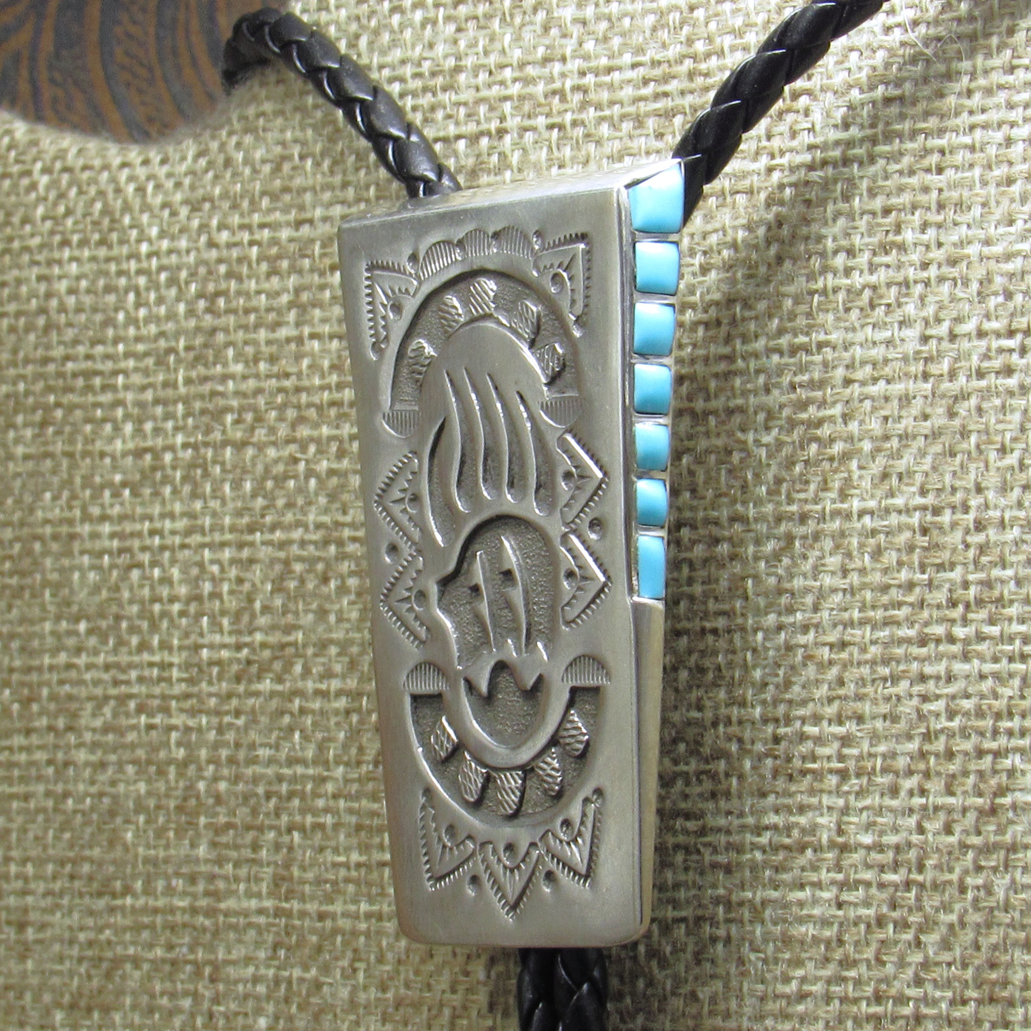 *Turquoise and Sterling Silver Overlay Bolo Tie with Badger Design
