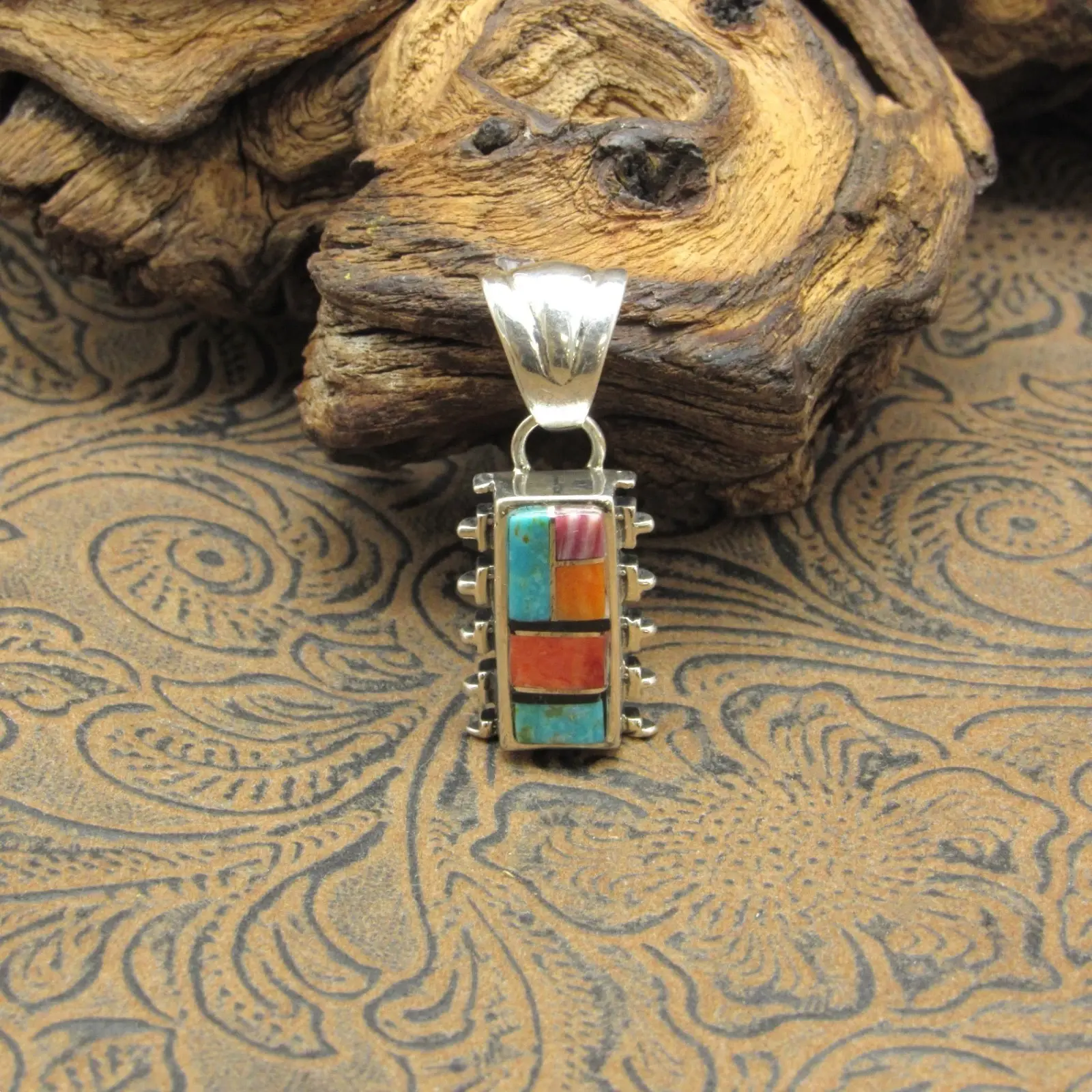 Ornate Sterling Silver Multi Stone Inlay Pendant