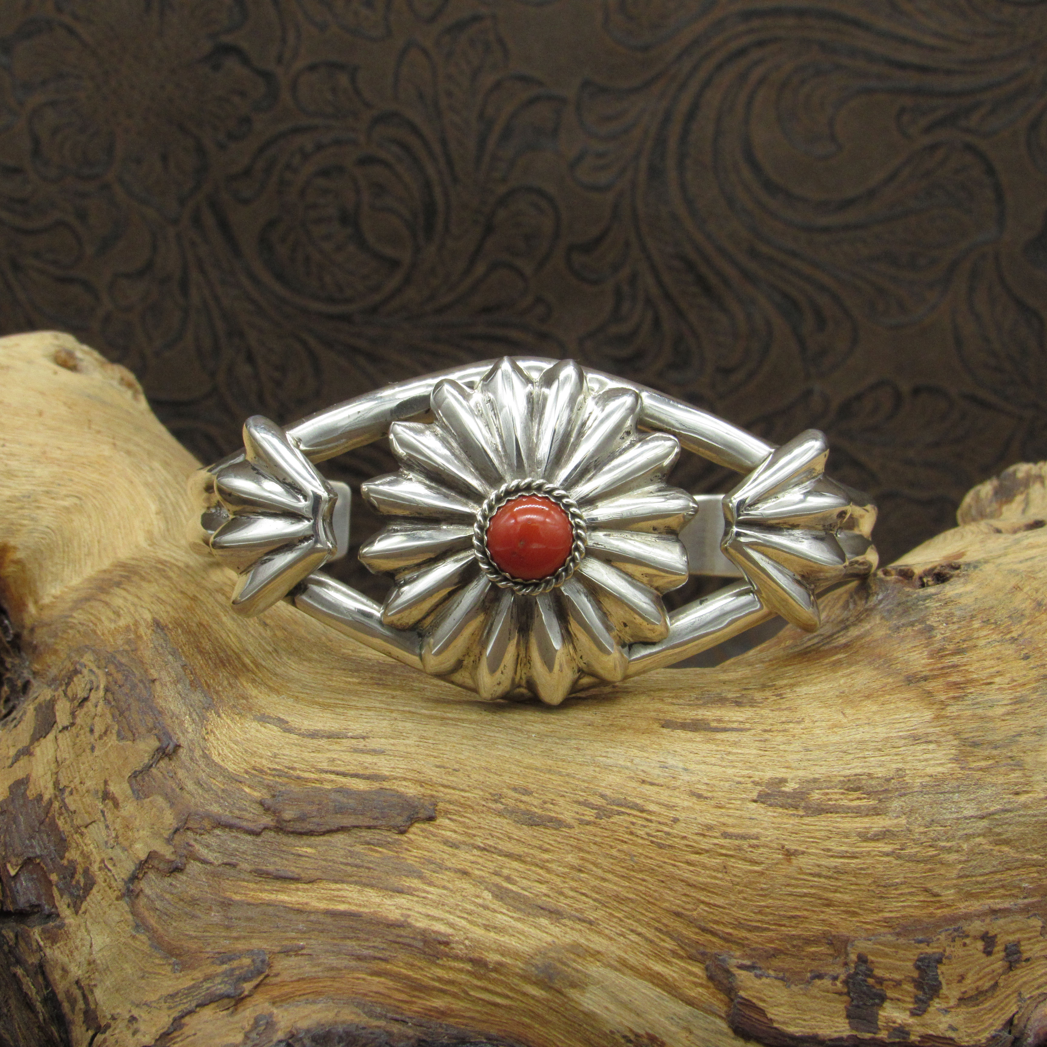 *Sterling Silver Heavy Cast Repousse Coral Cuff