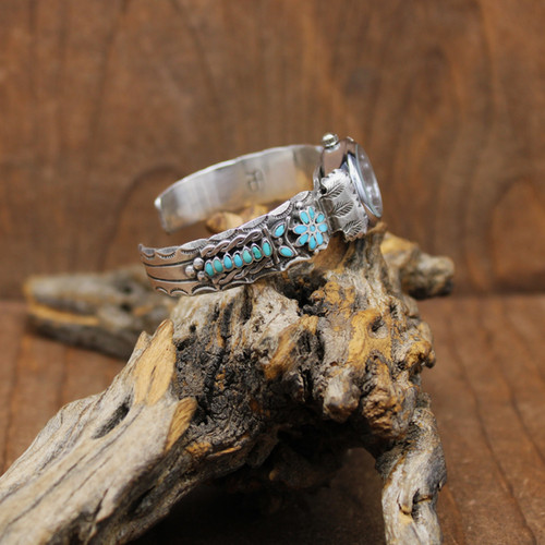 Sterling Silver Zuni Turquoise Flower Inlay Watch Bracelet by R