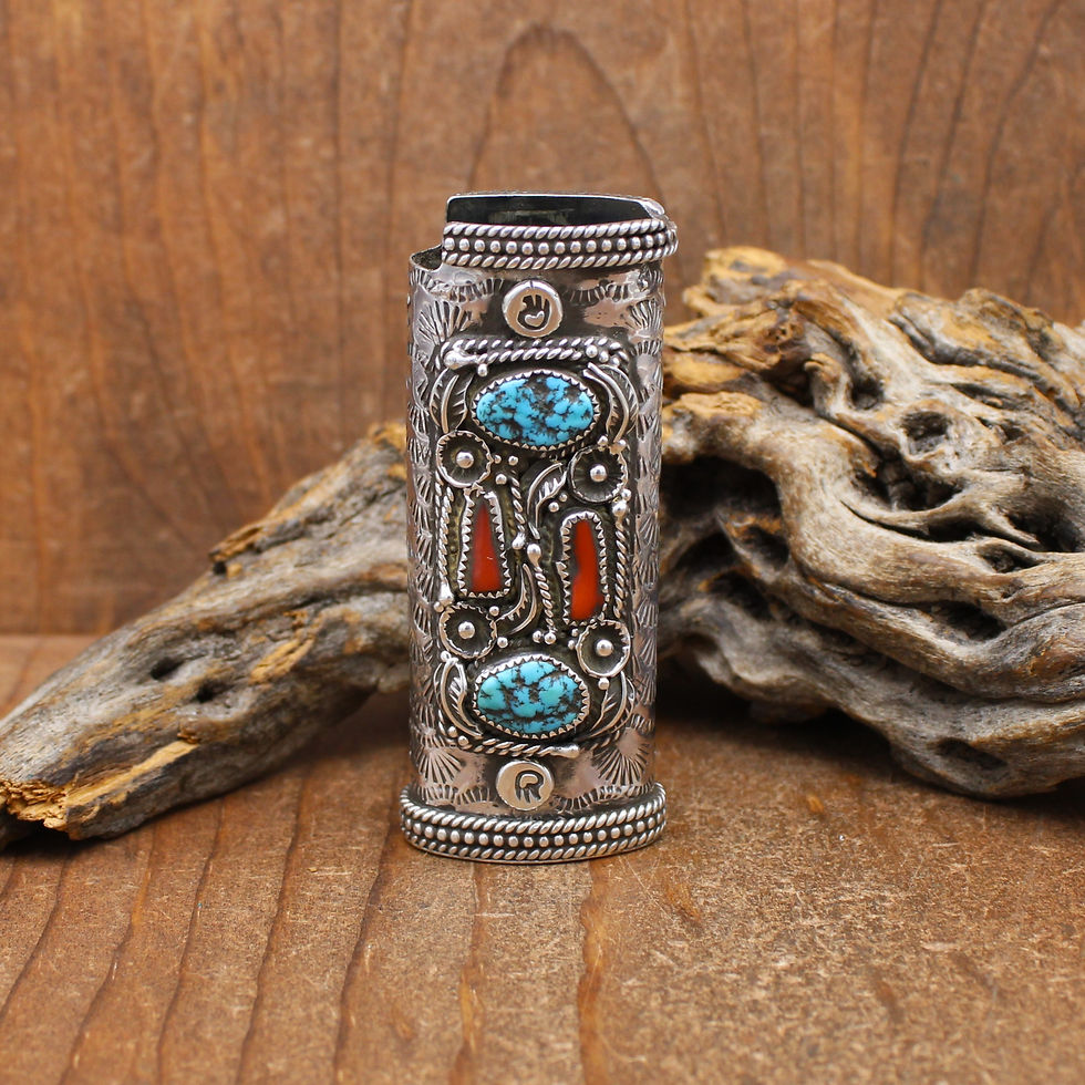 Fancy Stamped Sterling Silver Turquoise and Coral Lighter Case