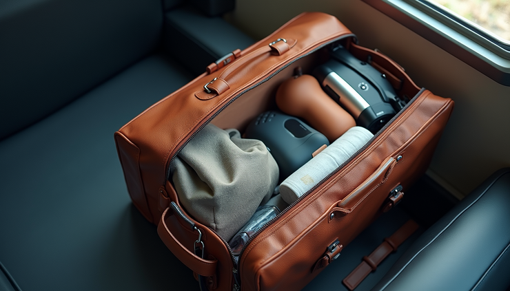 High angle view of a travel bag packed with essentials for a train trip