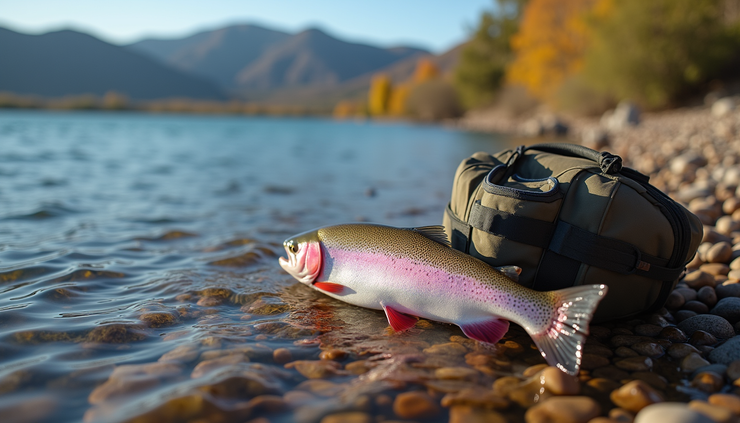 Close-up view of fishing gear and a caught rainbow trout on a rocky lakeshore in Yavapai County