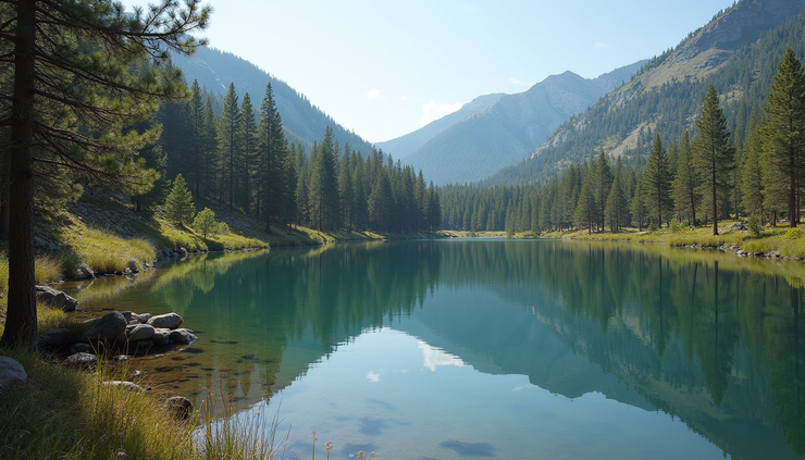 Eye-level view of a calm mountain lake surrounded by pine trees in Yavapai County