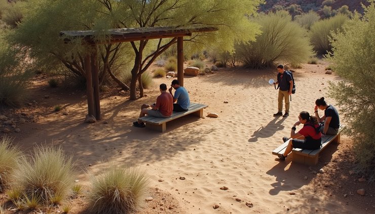 High angle view of a shaded rest area with hikers drinking water and resting