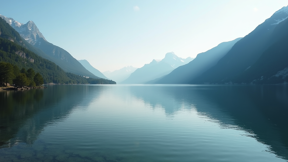 Wide angle view of a serene lake surrounded by mountains