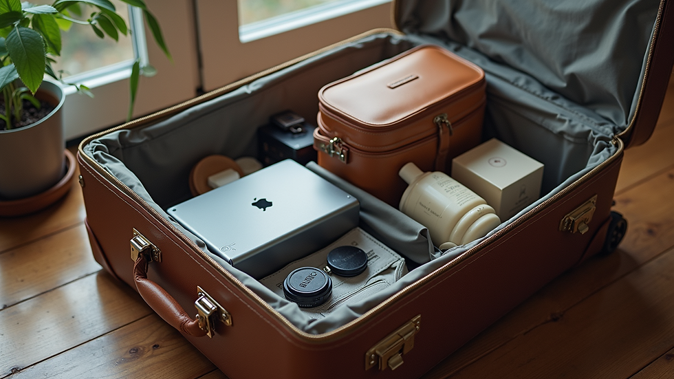 Eye-level view of a neatly organized suitcase with travel essentials