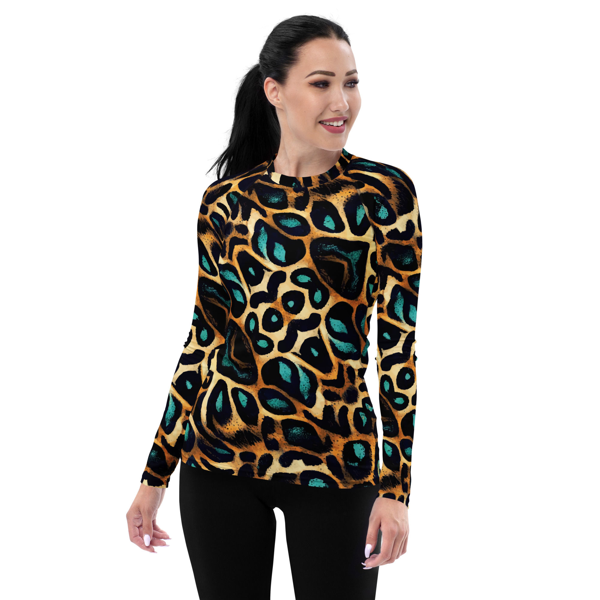 Animal Print Turquoise Women's Rash Guard