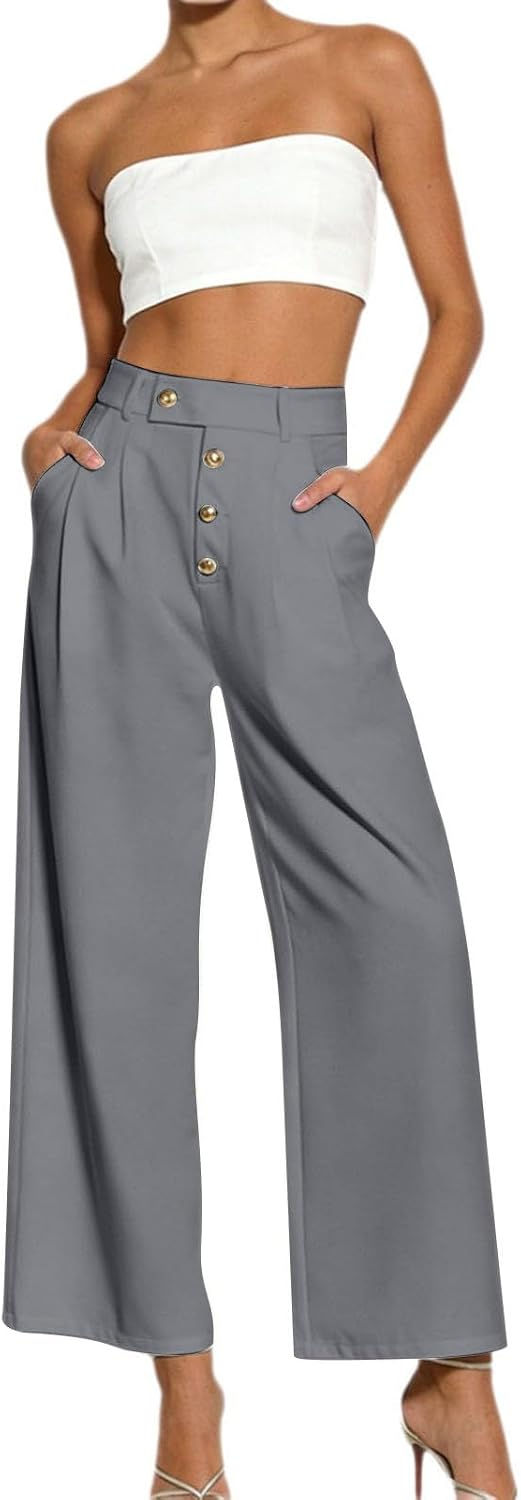 Thumbnail: Womens Spring Wide Leg Palazzo Pants Trendy Loose Fit Button High Waist Pleated