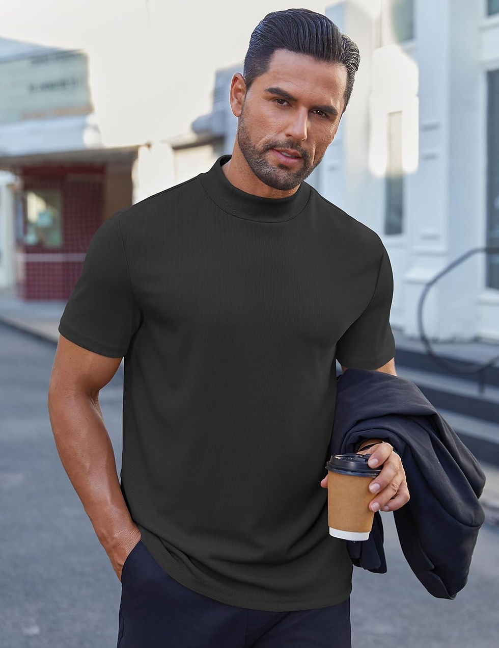 Thumbnail: Men's Mock Turtleneck Short Sleeve Ribbed Solid Pullover T-Shirt