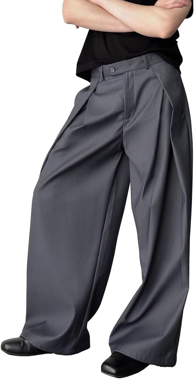 Thumbnail: THWEI Men's Baggy Wide Leg Pants Zipper Fly Pleated Trousers Casual Dress Pants