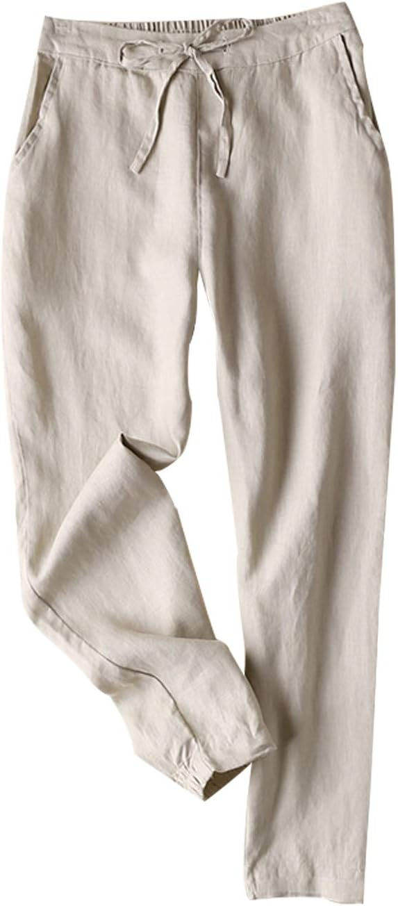 Thumbnail: Tanming Linen Pants for Women Summer Casual High Waisted Drawstring White Beach