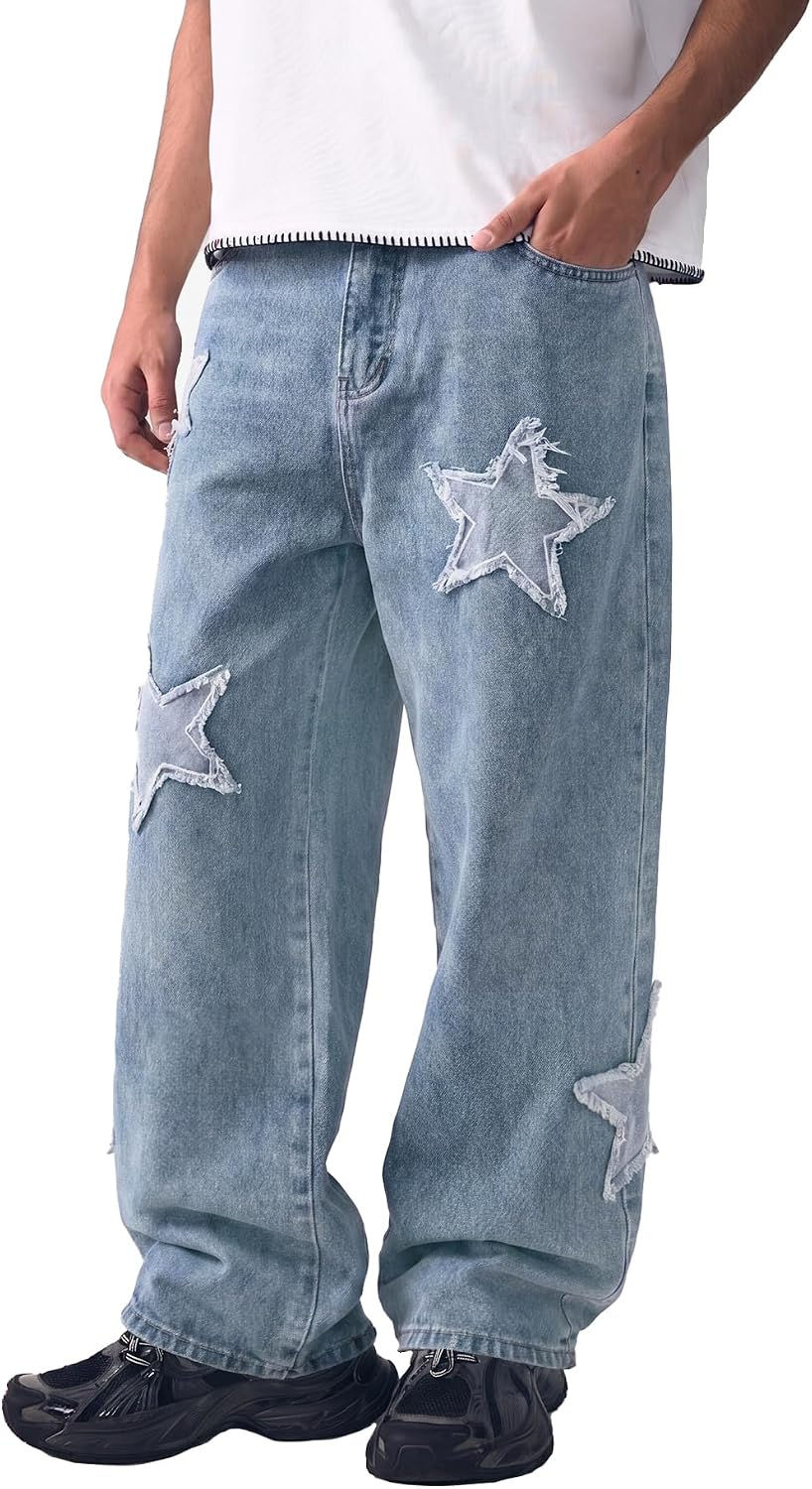 Thumbnail: Mens Baggy Jeans Y2K Wide Leg Streetwear Jeans Loose Fit Hip Hop Cross Patch Den