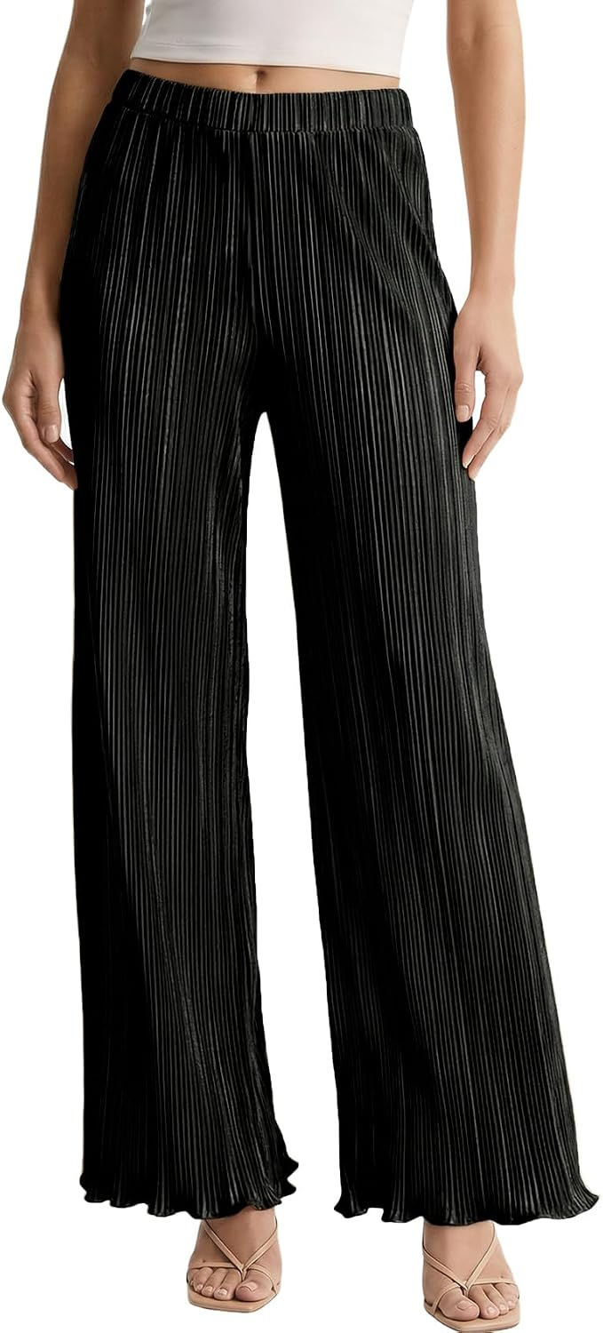 Thumbnail: Wyeysyt Womens Flowy Pleated Pants Wide Leg Work Palazzo Pants Business Trousers