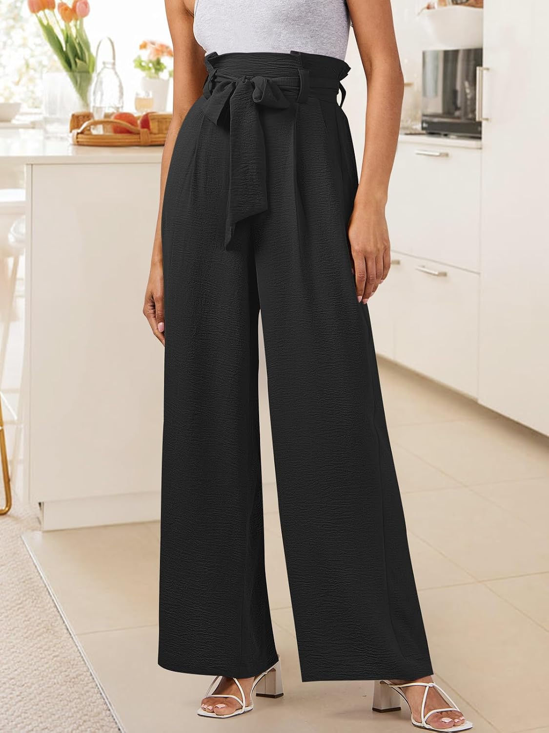 ANRABESS Womens Wide Leg Palazzo Pants Belted High Waisted Business Casual Flowy