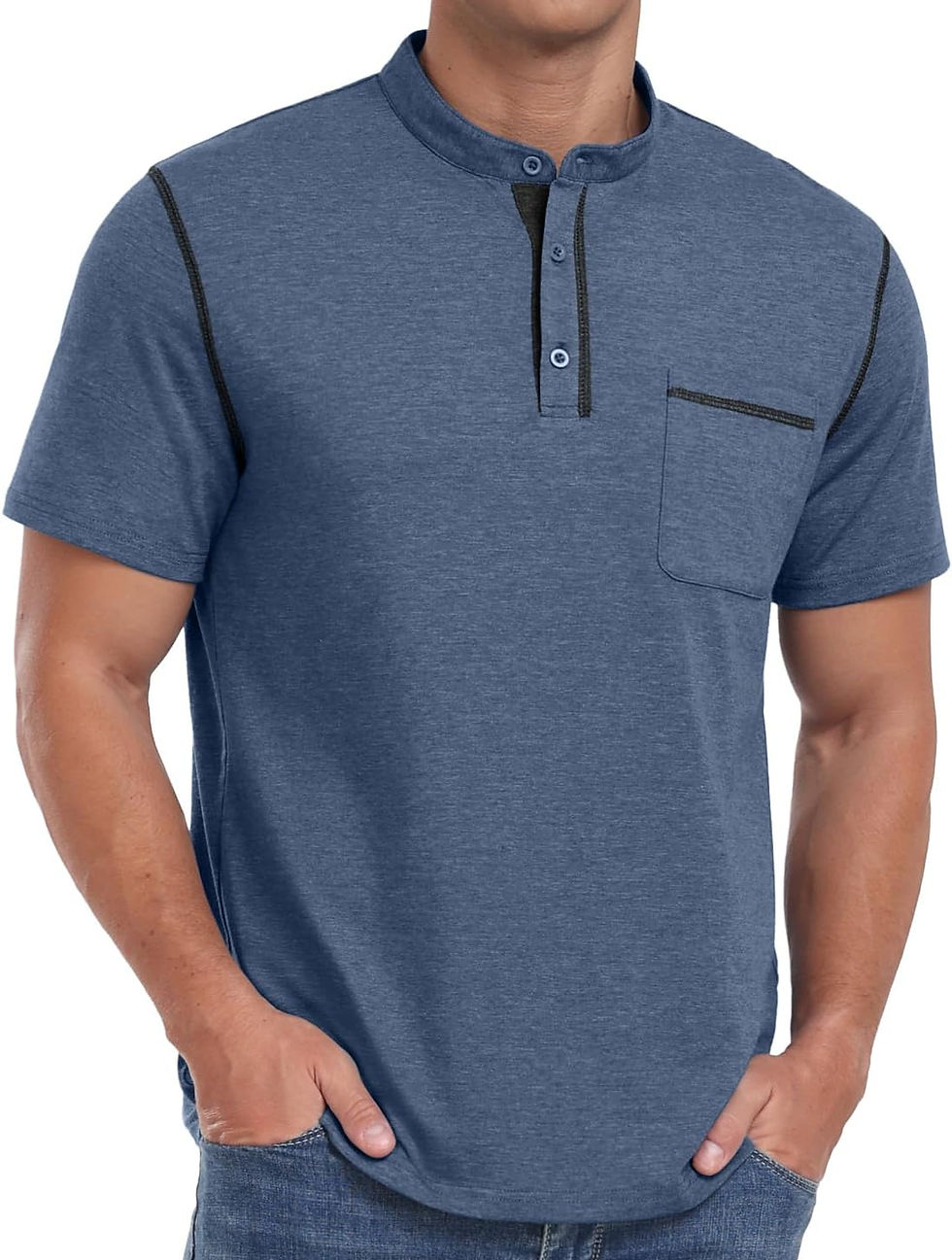 Thumbnail: Men's Short Sleeve Henley T-Shirt, Cotton Blend with Chest Pocket & Buttons