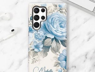 Best Deals! Artistic Personalized Light Pastel Blue Roses Samsung Galaxy S22 Ultra Case