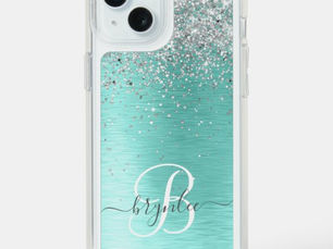 Big Deals! Teal Brushed Metal Silver Glitter Monogram Name iPhone 15 Plus Case