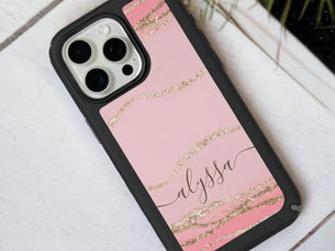 Big Deals! Pink watercolor marble gold glitter name script iPhone 15 pro max case