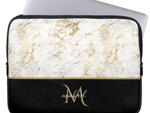 Top 5! Black  Gold & Marble Monogram Elegant Luxury   Laptop Sleeve
