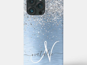 Top 10! Blue Brushed Metal Silver Glitter Monogram Name iPhone 13 Pro Case