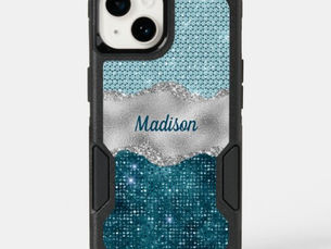 Top 5! Chic girly teal mint green glitter silver monogram OtterBox iPhone 14 case